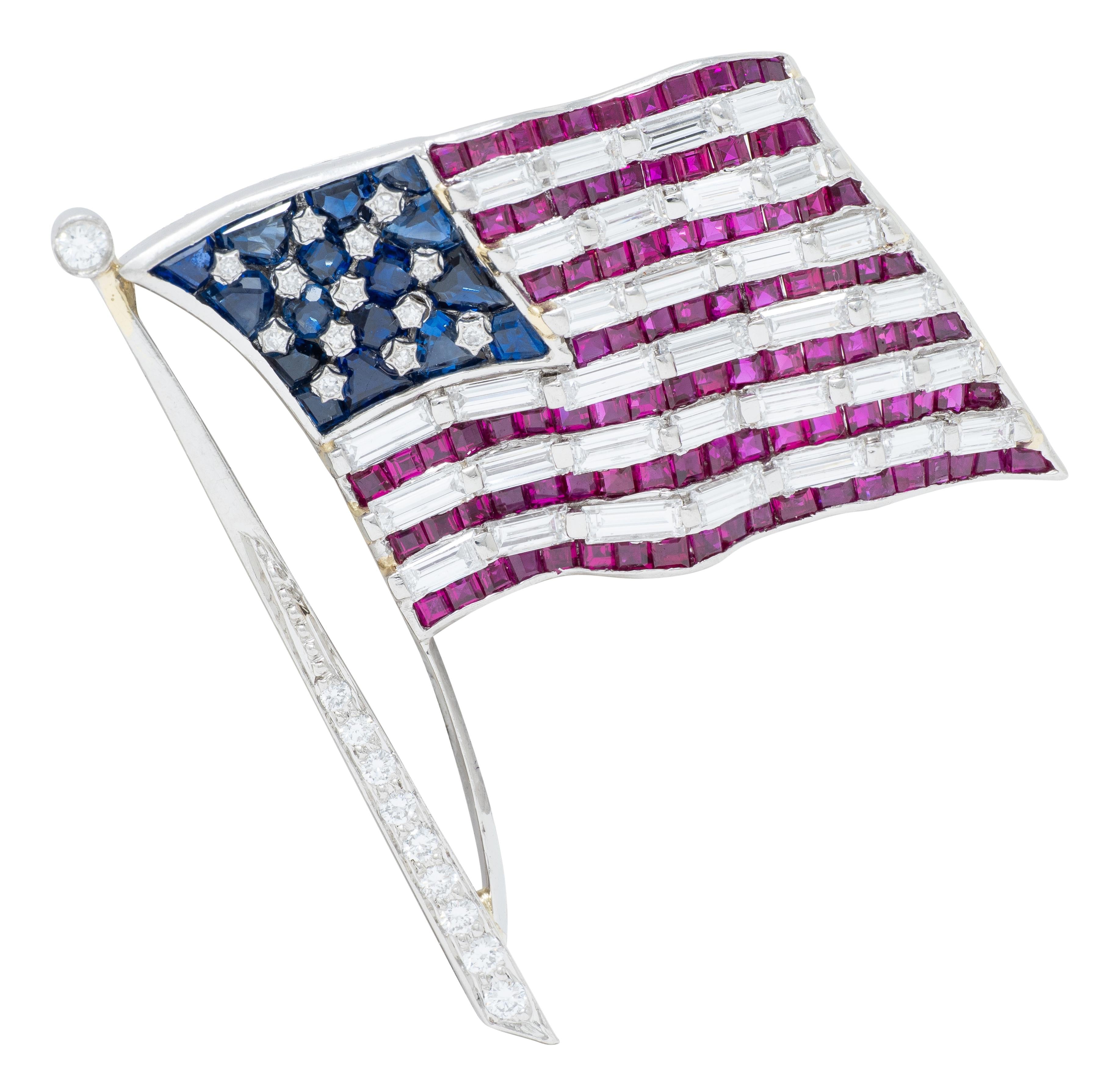 Oscar Heyman Ruby Sapphire Diamond Platinum Vintage American Flag Brooch