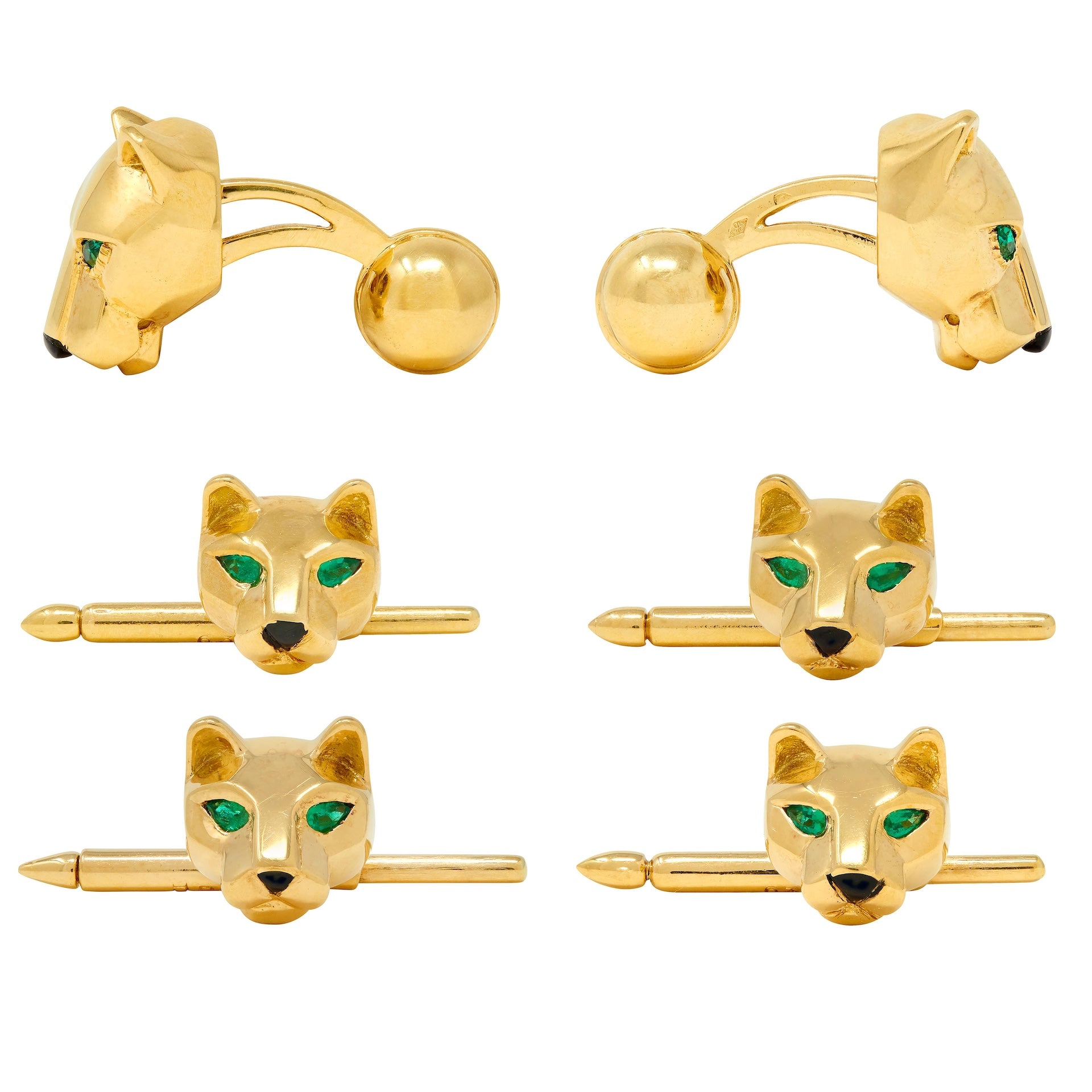 Cartier Emerald Onyx 18 Karat Yellow Gold Panther Cufflinks & Shirt Stud Set