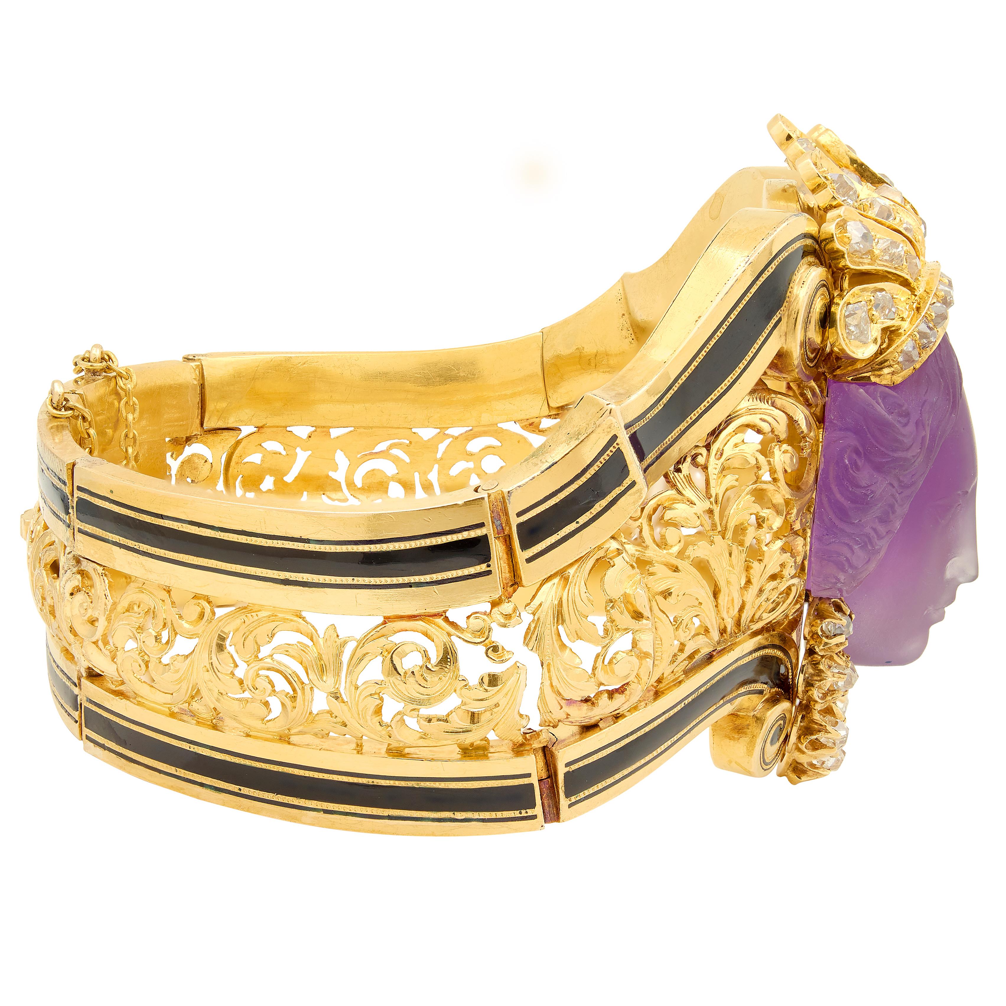 Victorian French Diamond Amethyst Enamel 18K Gold Carved Queen Bust Bracelet