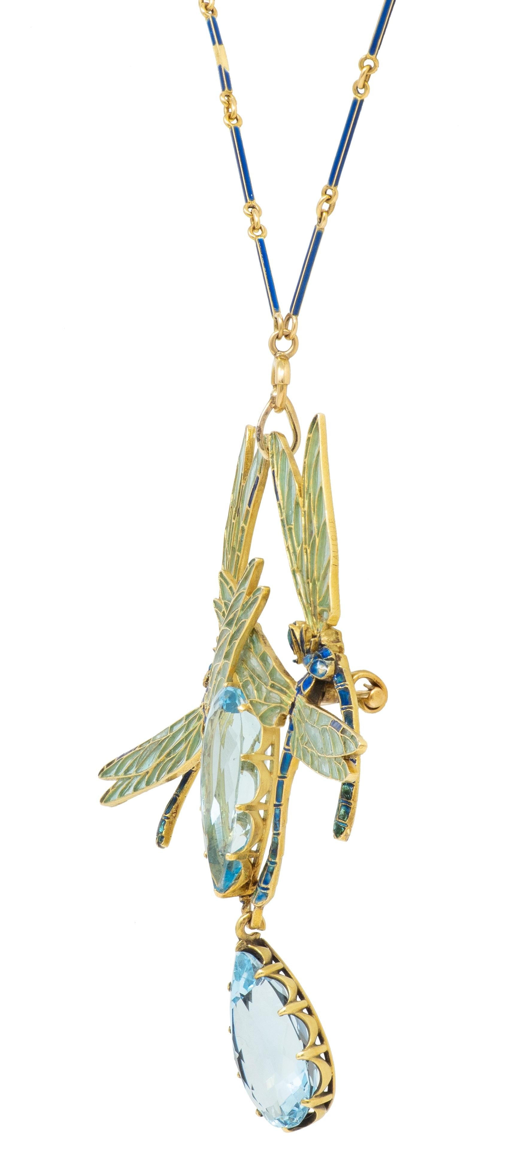 Rene Lalique 1903 Aquamarine Enamel 18K Gold Antique Four Dragonflies Necklace