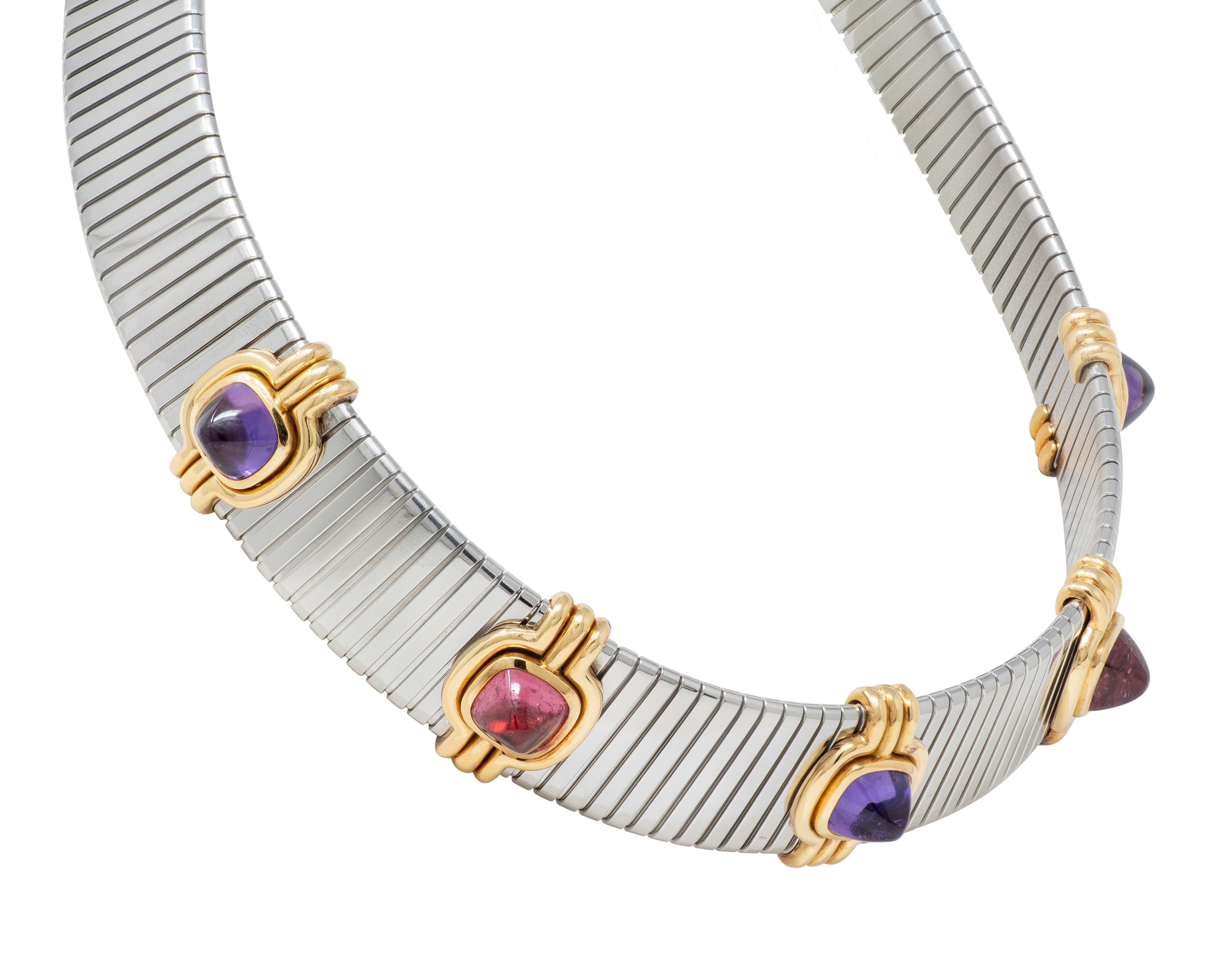 Bulgari 1980 Tourmaline Amethyst Steel 18K Gold Vintage Tubogas Collar Necklace