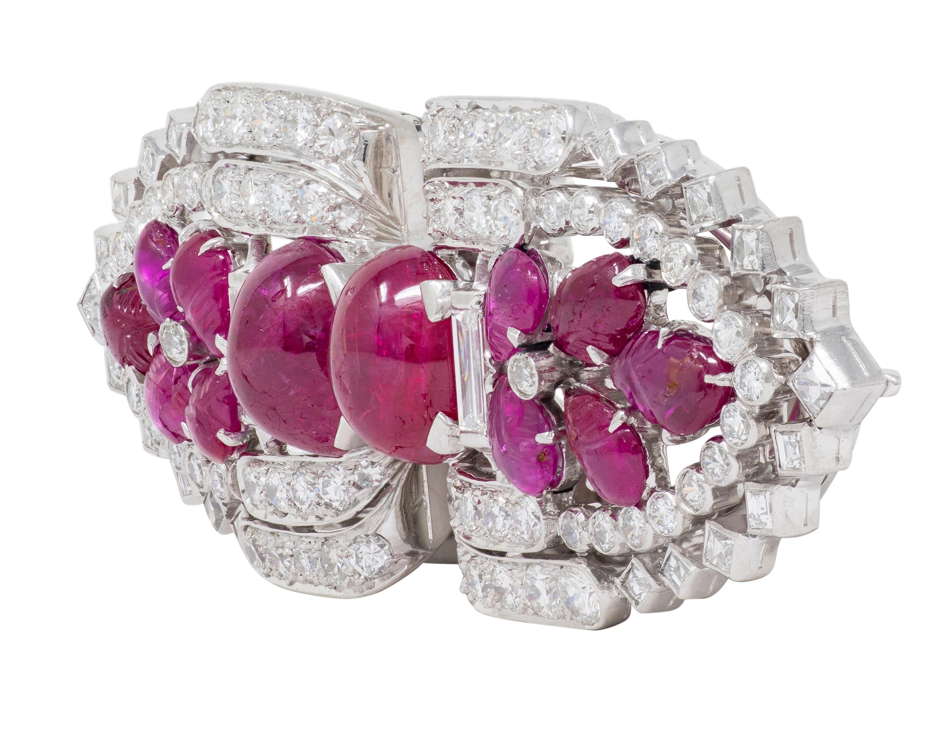 Art Deco Ruby Diamond Platinum Vintage Tutti Frutti Streamlined Brooch Clips