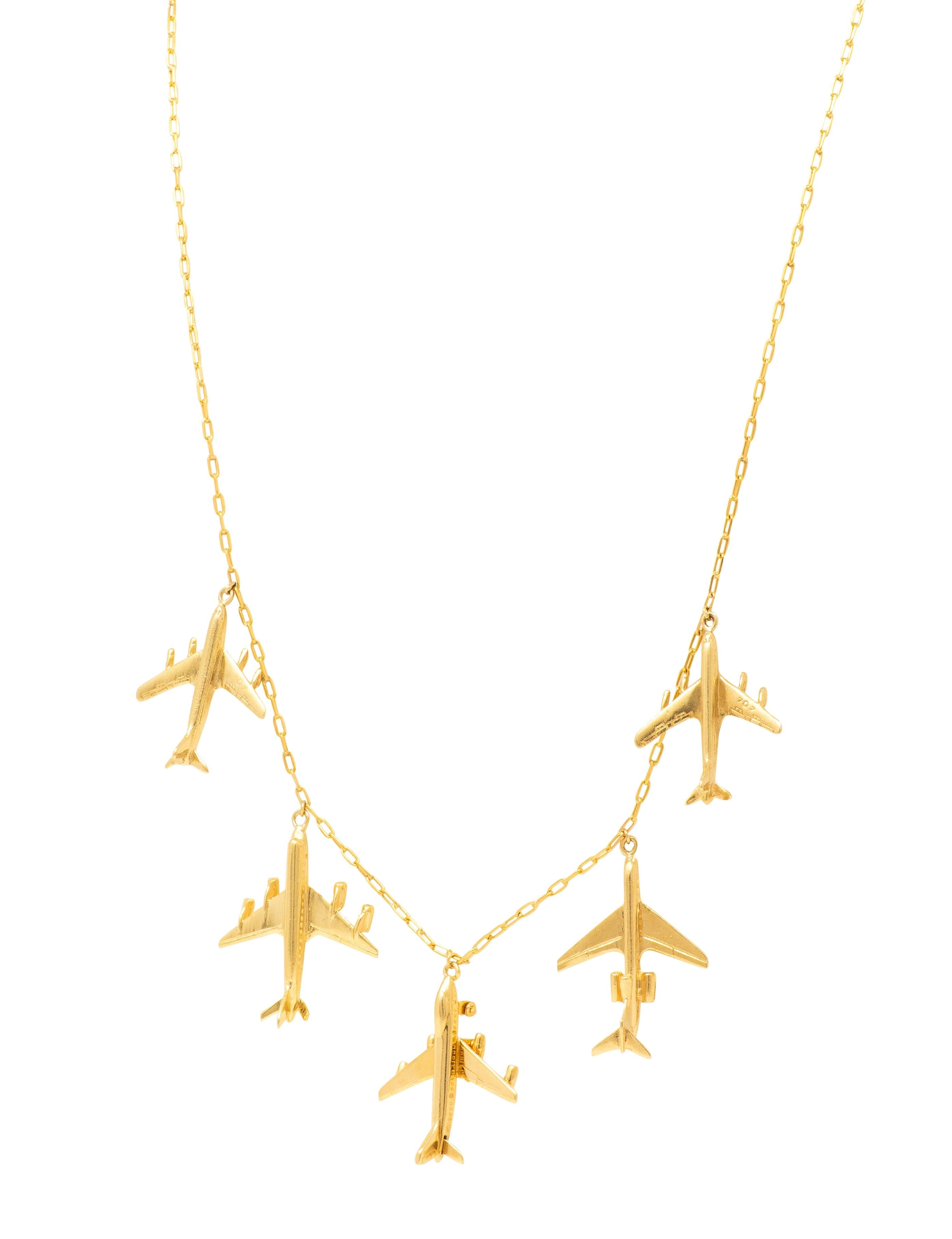 Vintage Yellow Gold 707 Plane Pendant Fringe Airplane Necklace