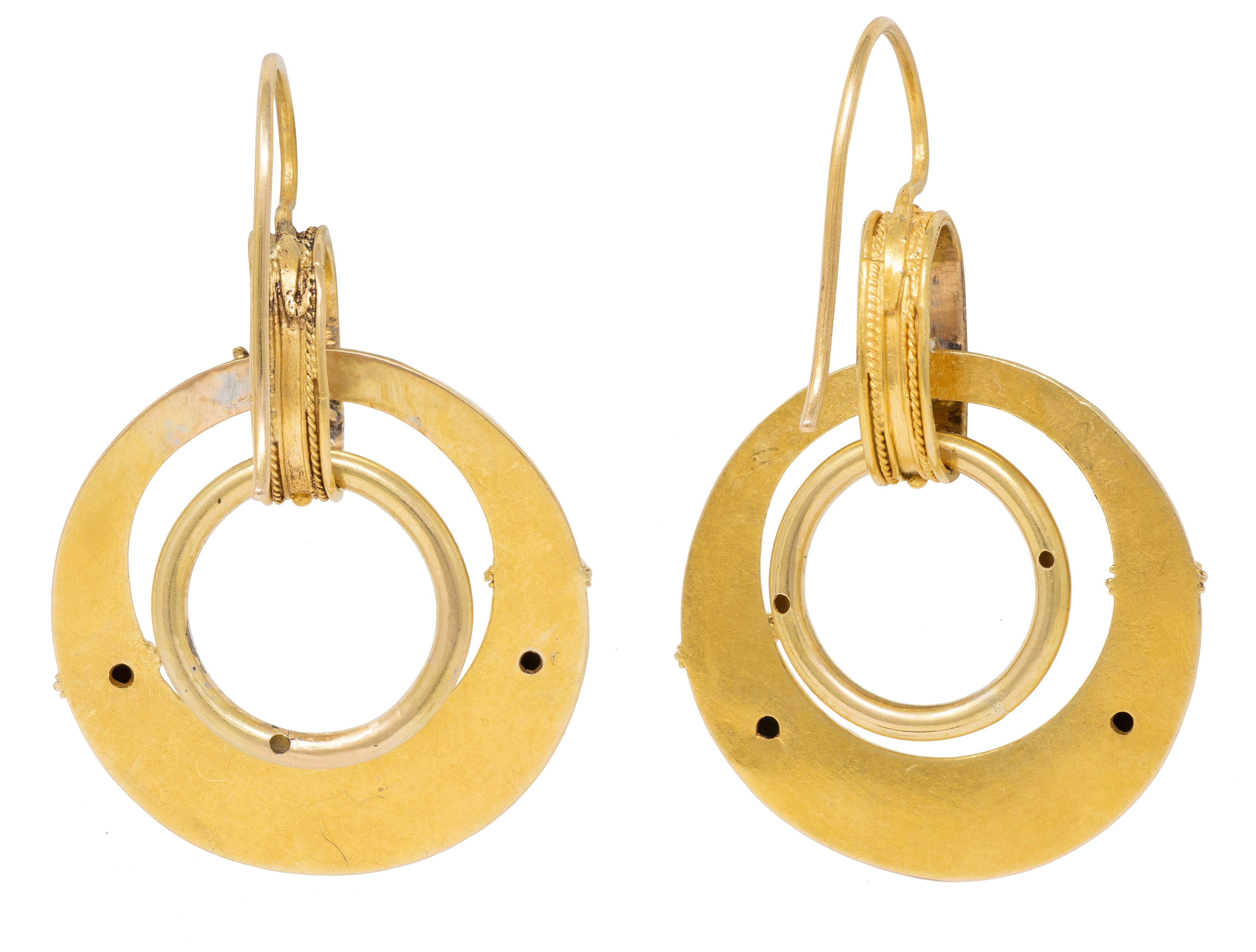 Victorian Etruscan Revival 14K Yellow Gold Antique Filigree Hoop Drop Earrings