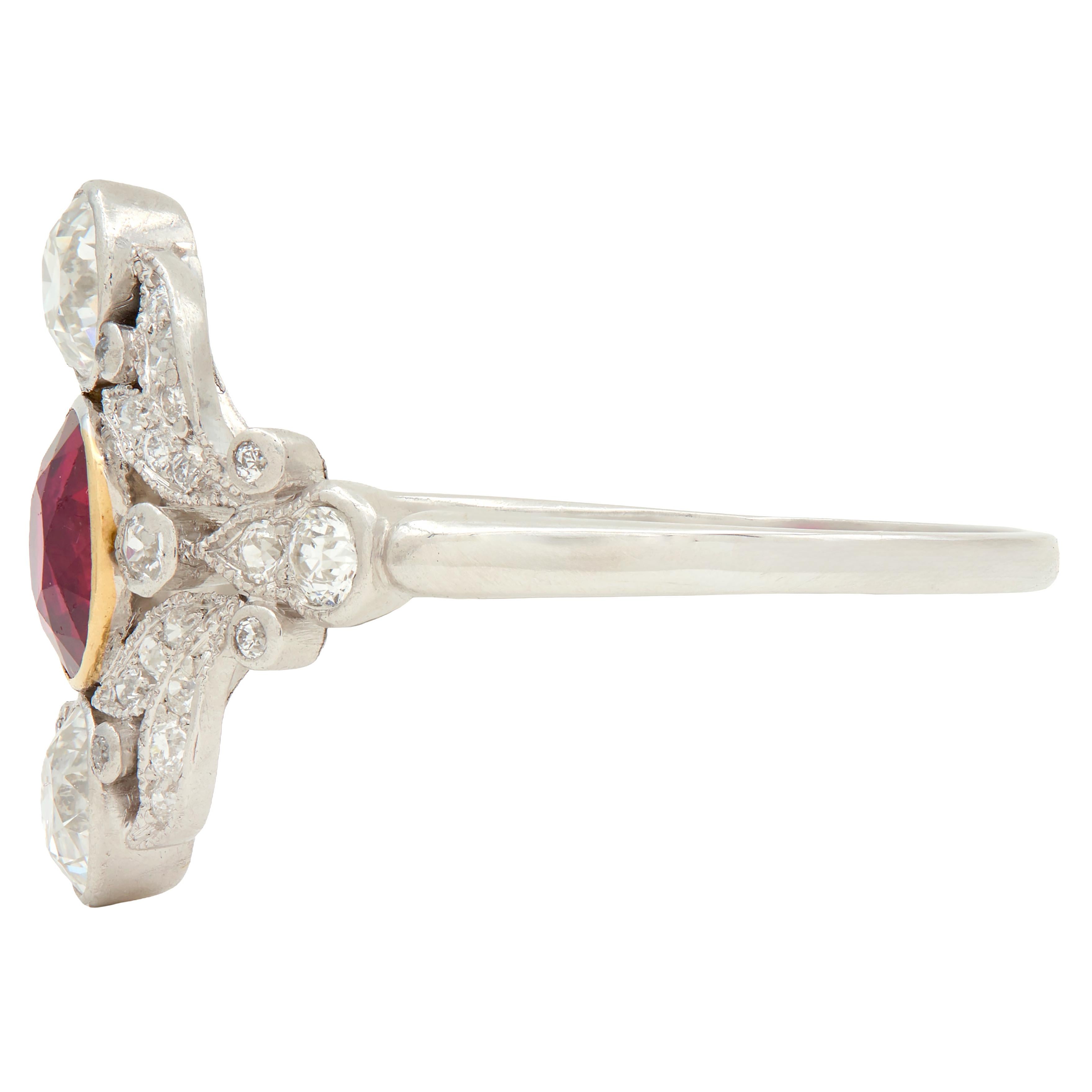 J.E. Caldwell Ruby Diamond Platinum 18K Gold Antique Foliate Dinner Ring GIA