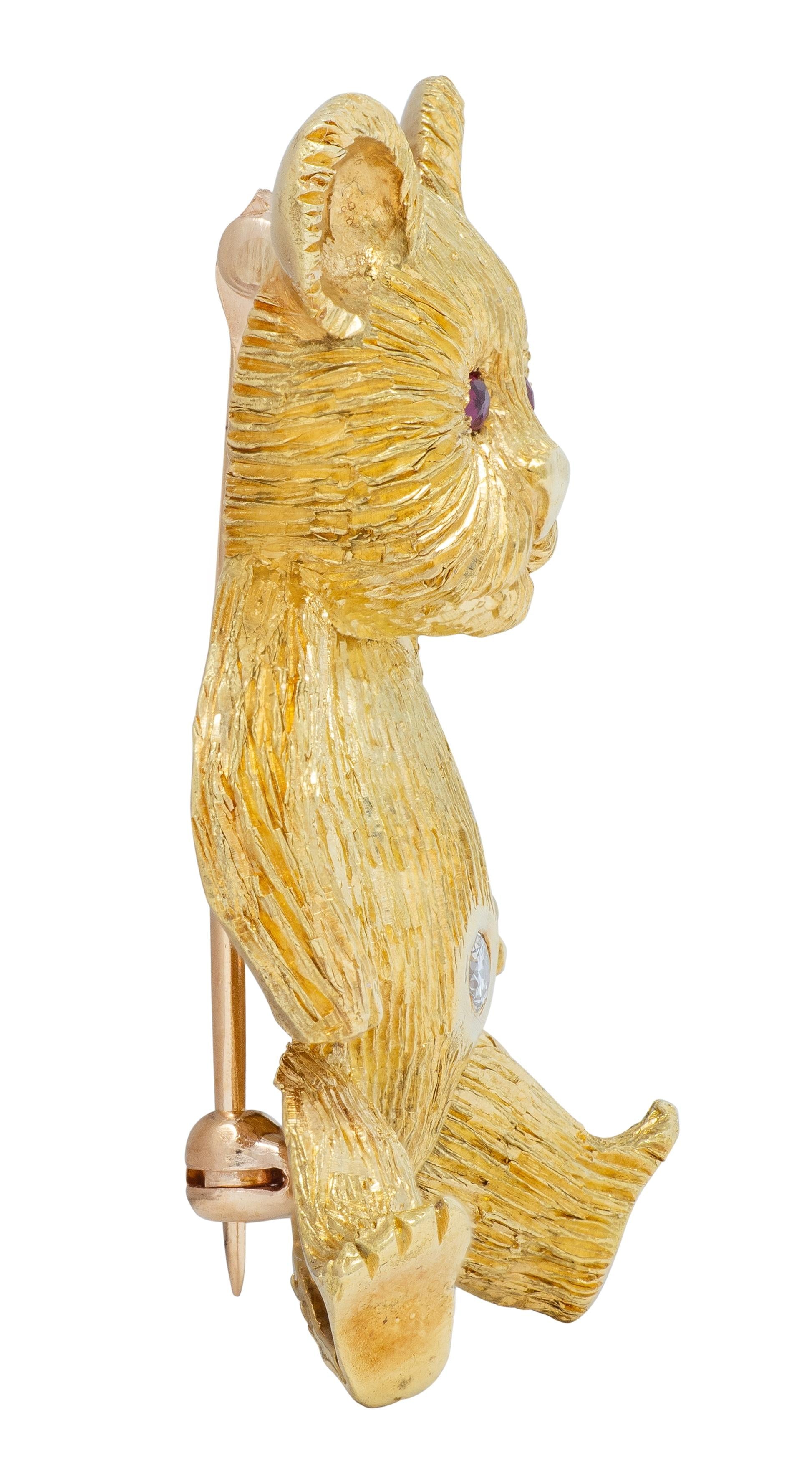 George Lederman 1960's Ruby Diamond 18K Yellow Gold Vintage Teddy Bear Brooch