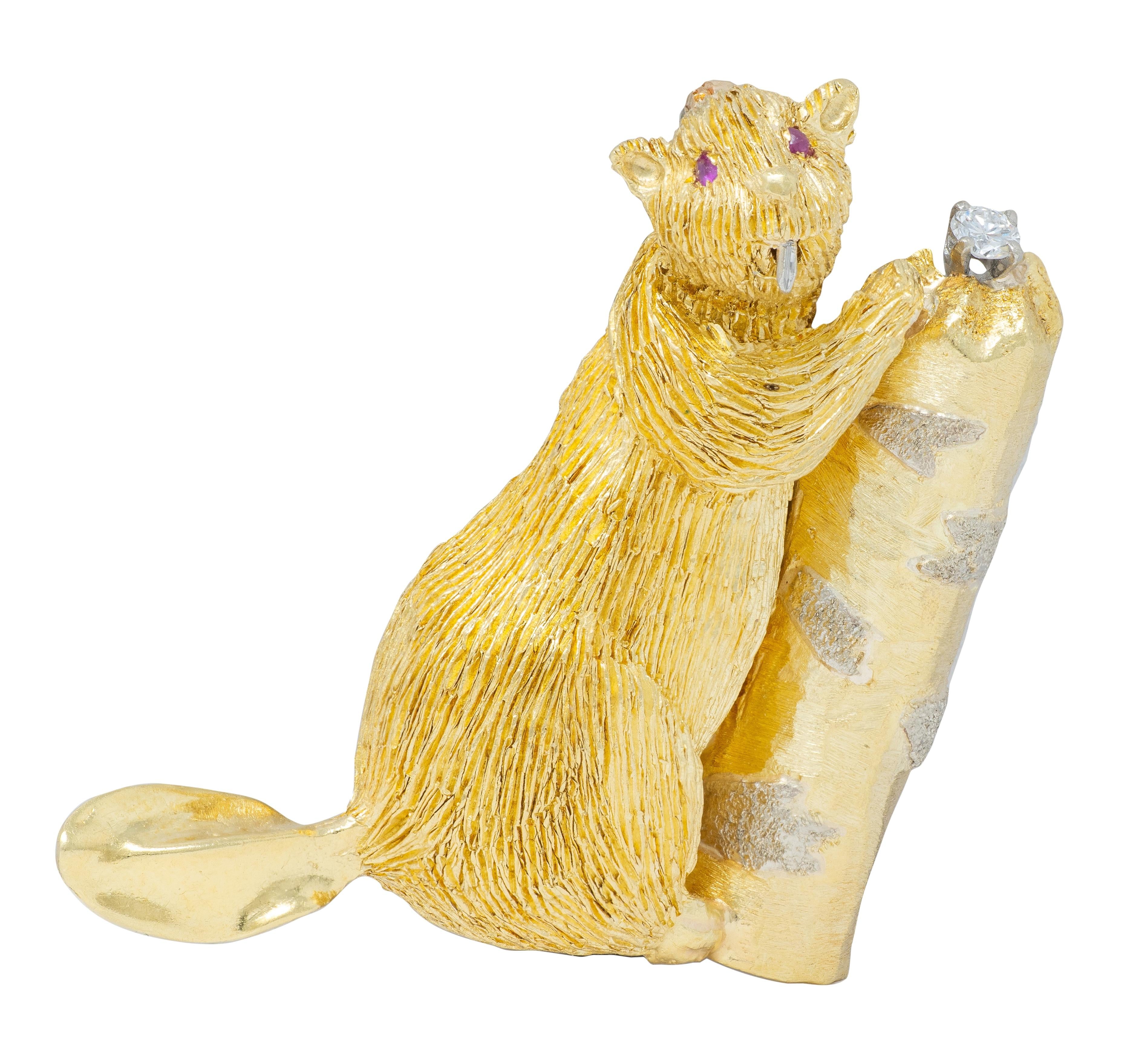 George Lederman 1960's Ruby Diamond 18 Karat Two-Tone Gold Vintage Beaver Brooch