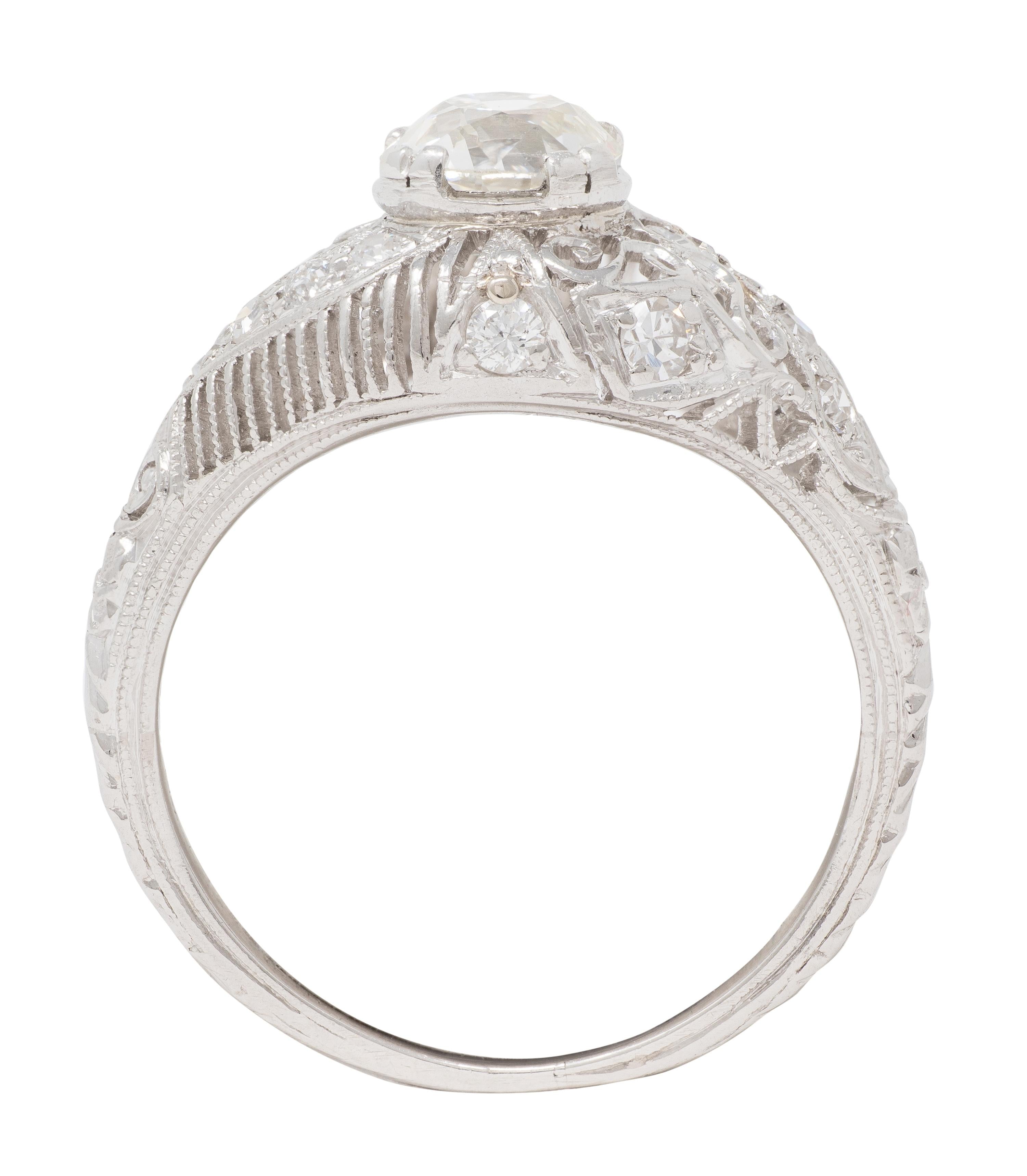 Edwardian 1.25 CTW Mine Diamond Platinum Scrolled Filigree Engagement Ring GIA