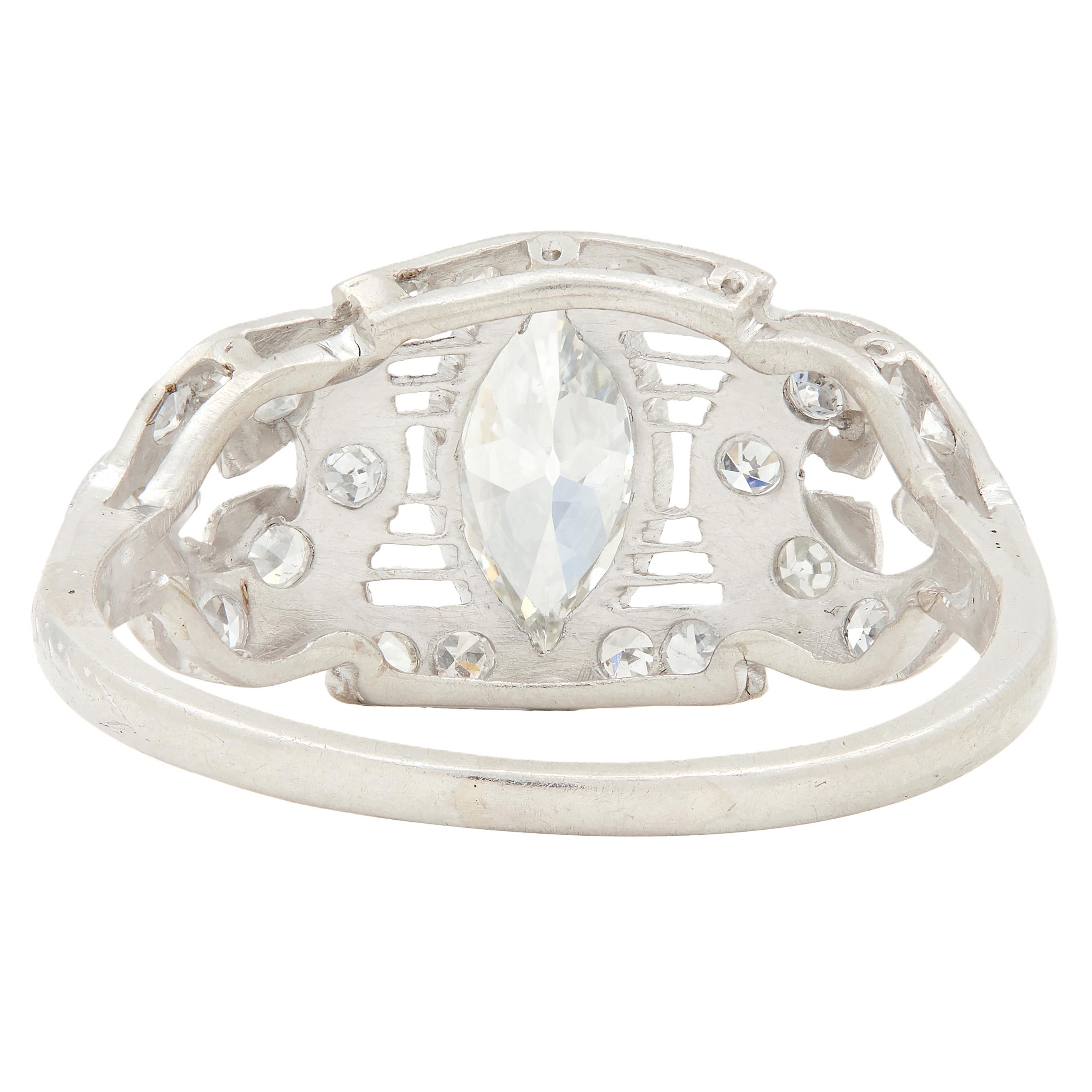 Art Deco 1.20 CTW Marquise Cut Diamond Platinum Foliate Antique Engagement Ring