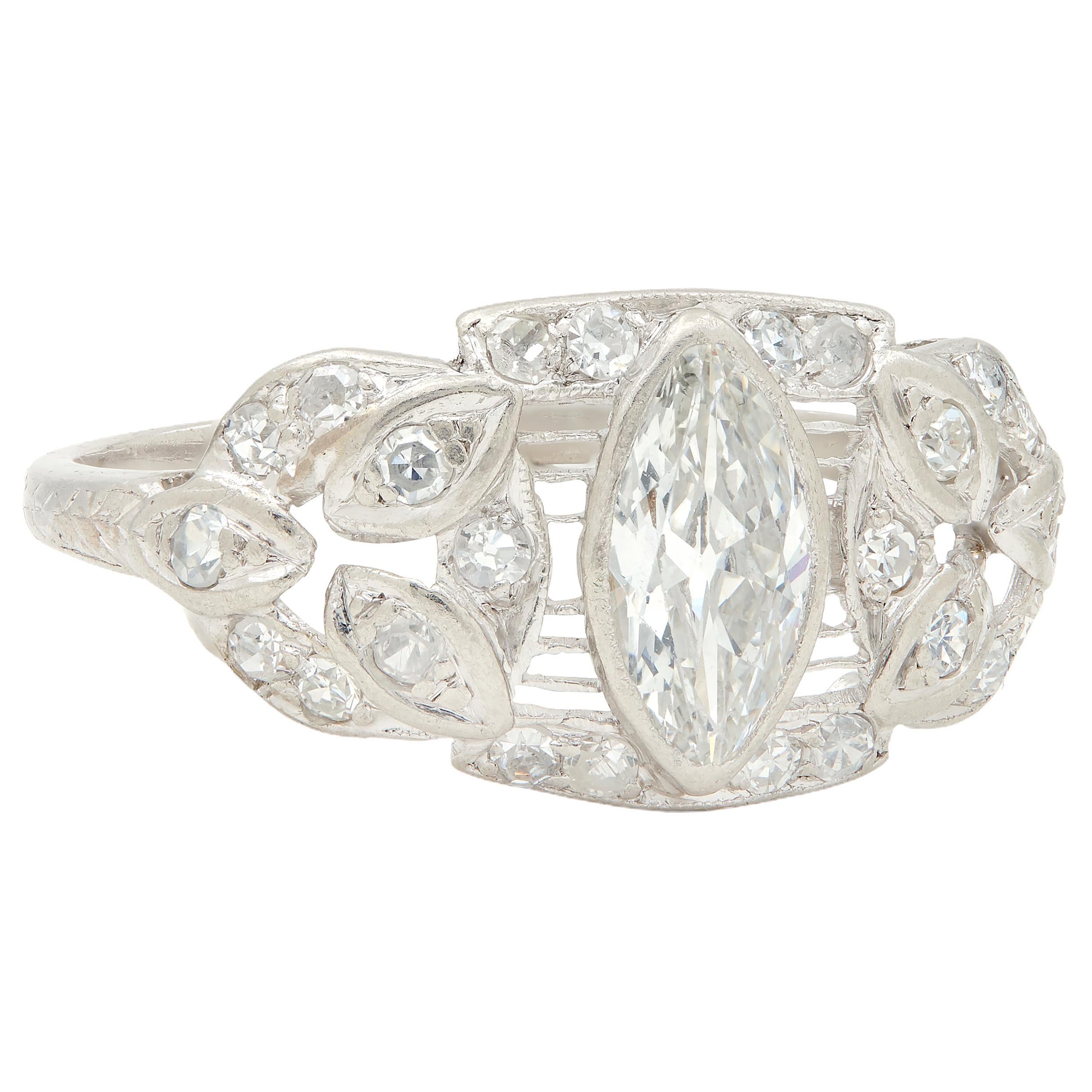 Art Deco 1.20 CTW Marquise Cut Diamond Platinum Foliate Antique Engagement Ring