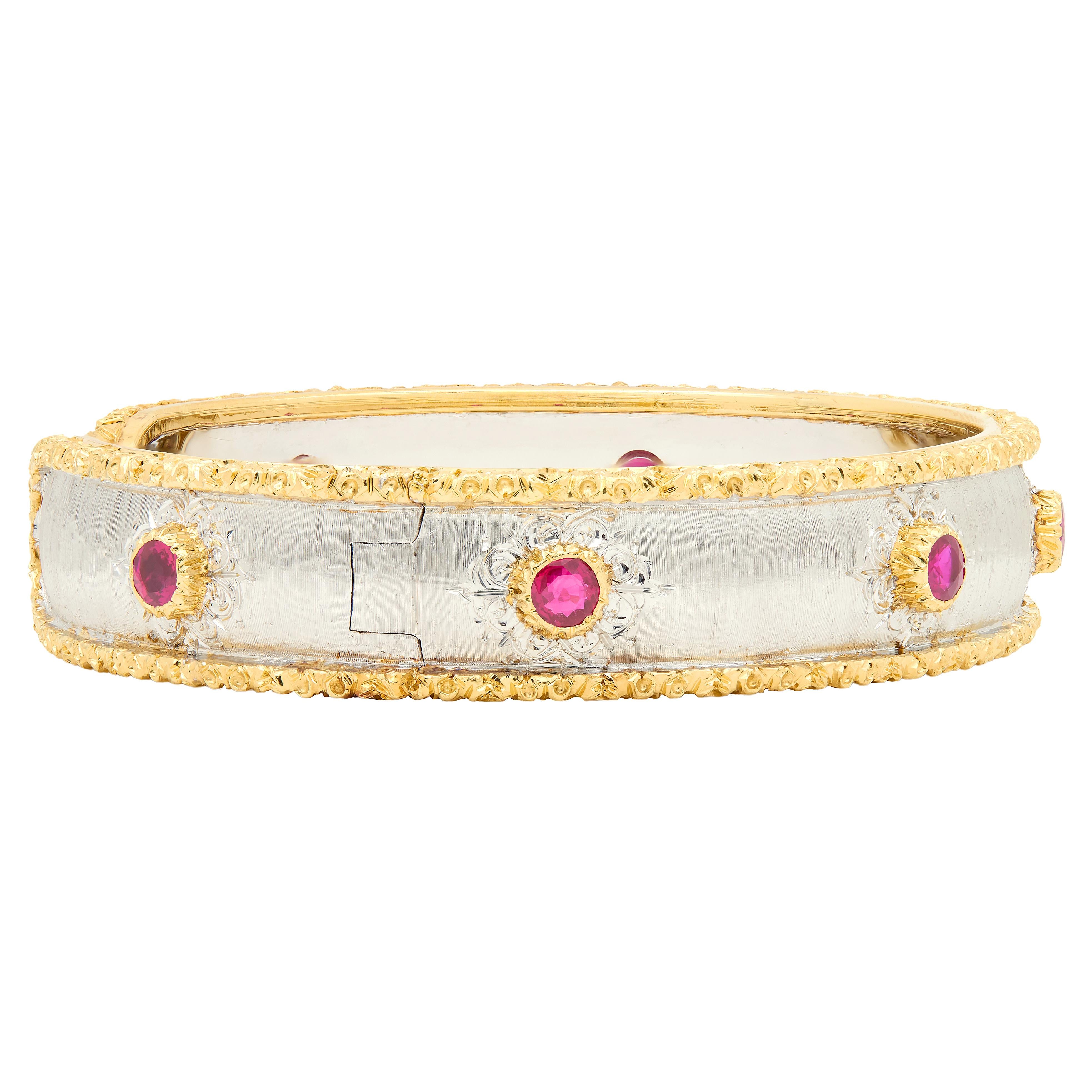 Buccellati Ruby 18K Two-Tone White Yellow Gold Vintage Macri Capri Cuff Bracelet