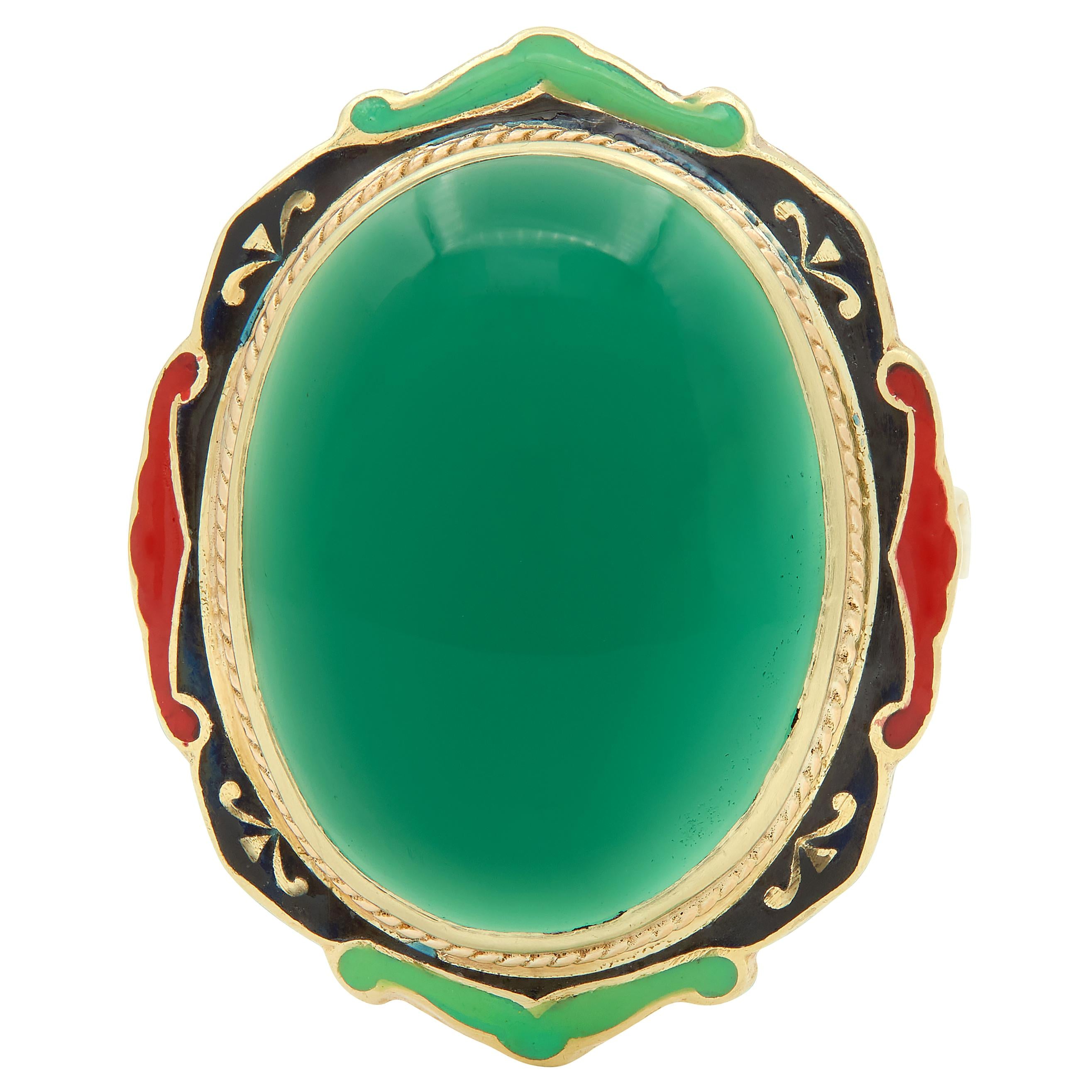 Early Art Deco Chalcedony Enamel 14 Karat Yellow Gold Antique Cocktail Ring