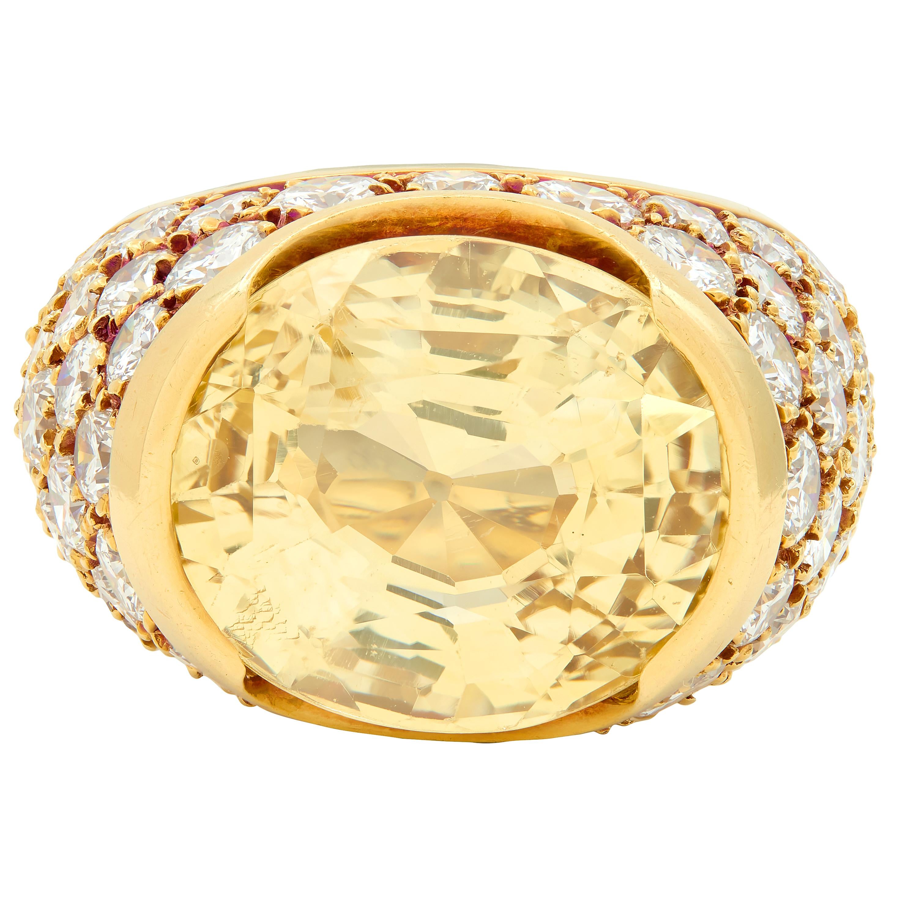 Van Cleef & Arpels 1980's 19.77 CTW Ceylon Yellow Sapphire Diamond Pavé Ring GIA