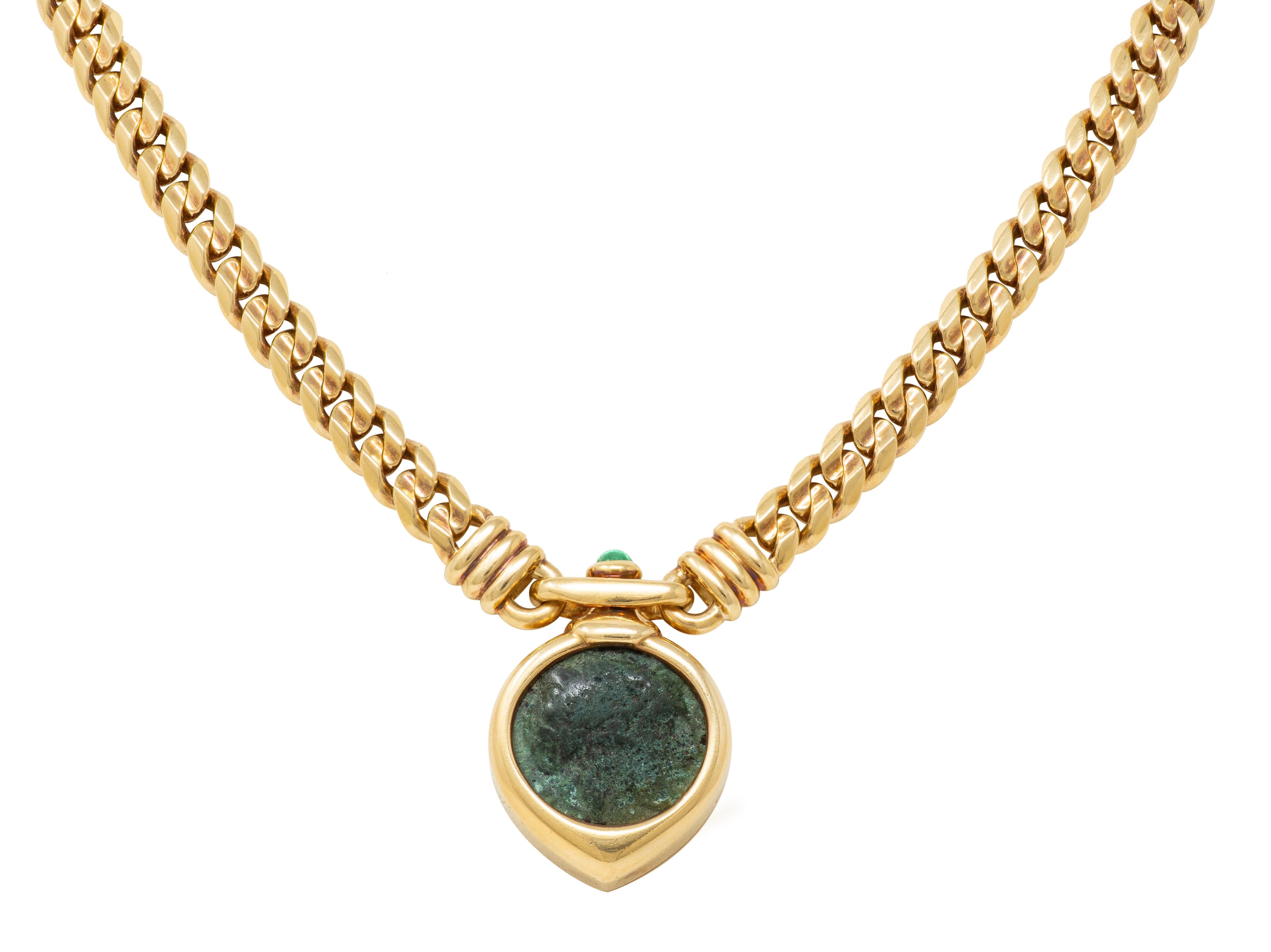 Bulgari 1980's Ancient Coin Emerald 18K Yellow Gold Vintage Monete Necklace