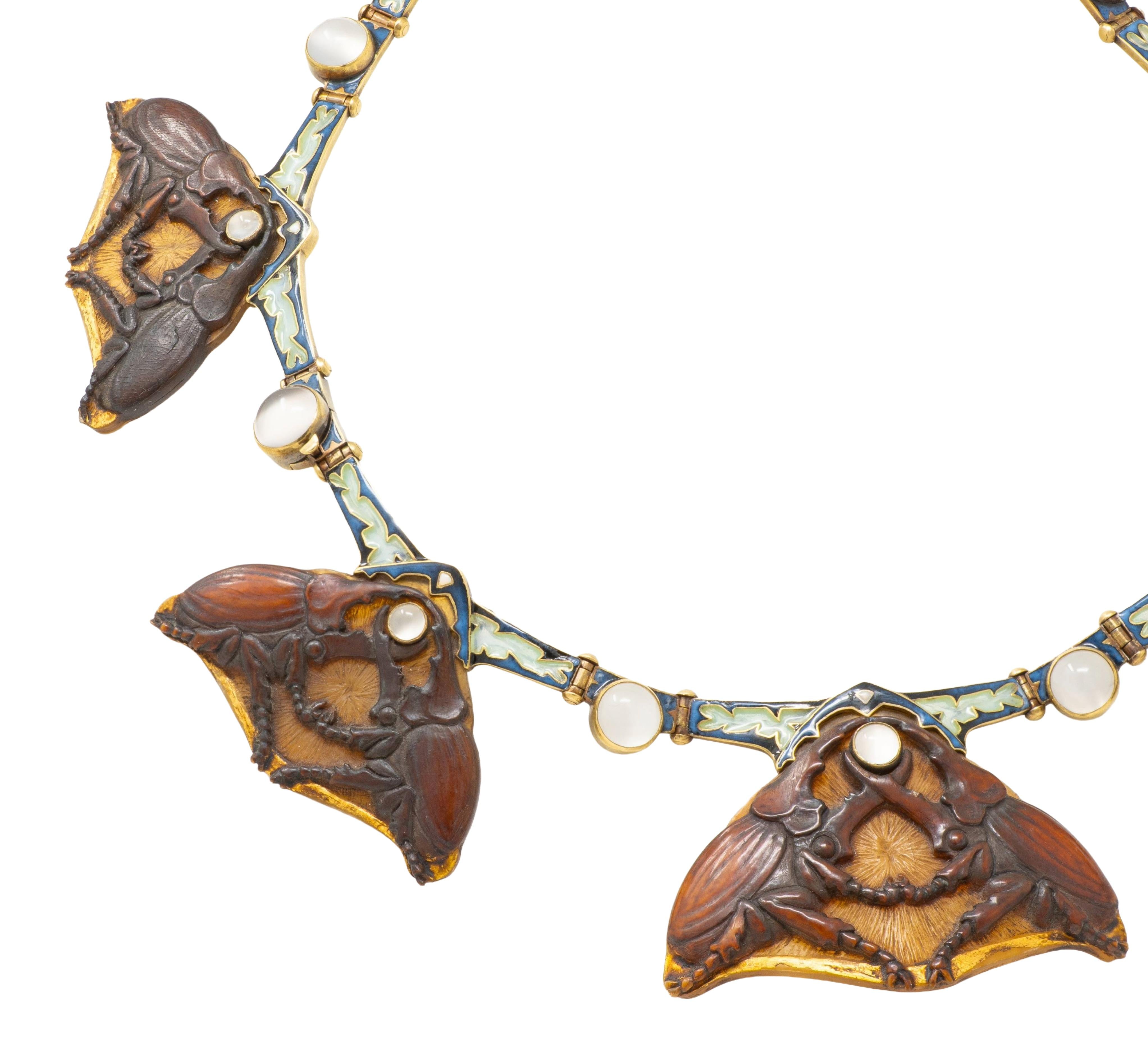 Lalique Moonstone Horn Enamel 18 Karat Yellow Gold Antique Stag Beetle Necklace