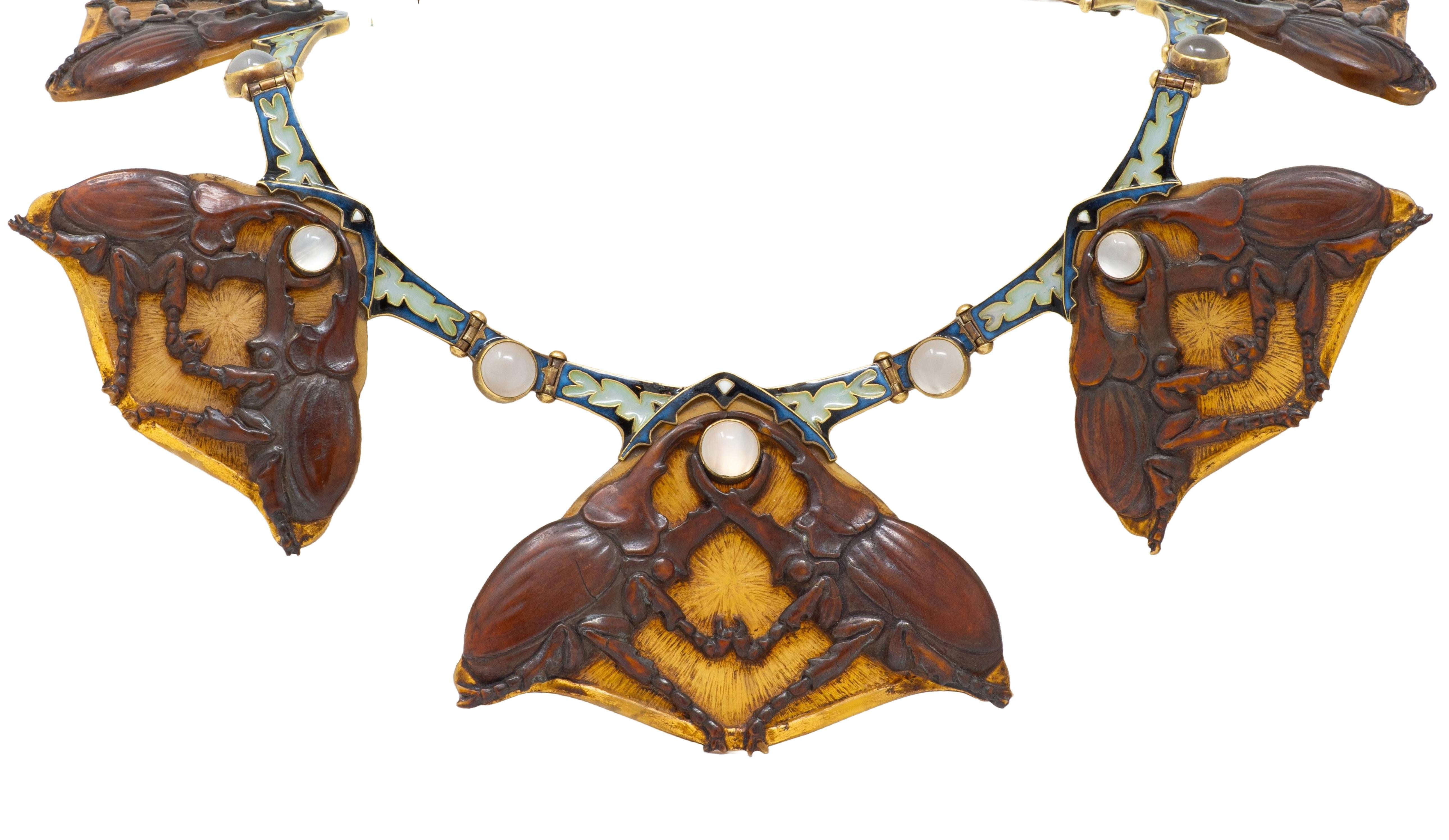 Lalique Moonstone Horn Enamel 18 Karat Yellow Gold Antique Stag Beetle Necklace