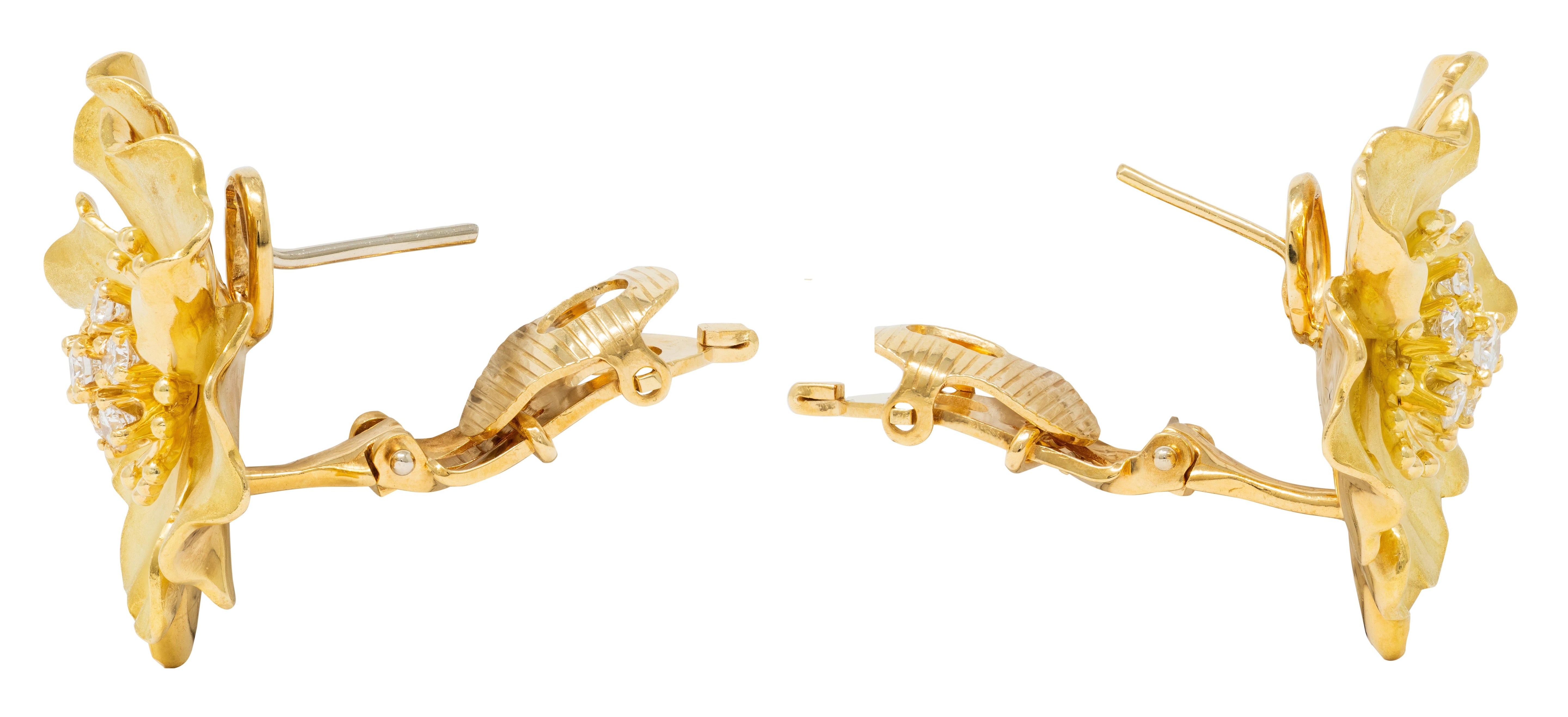 Tiffany & Co. Diamond 18 Karat Yellow Gold Vintage Alpine Rose Flower Earrings