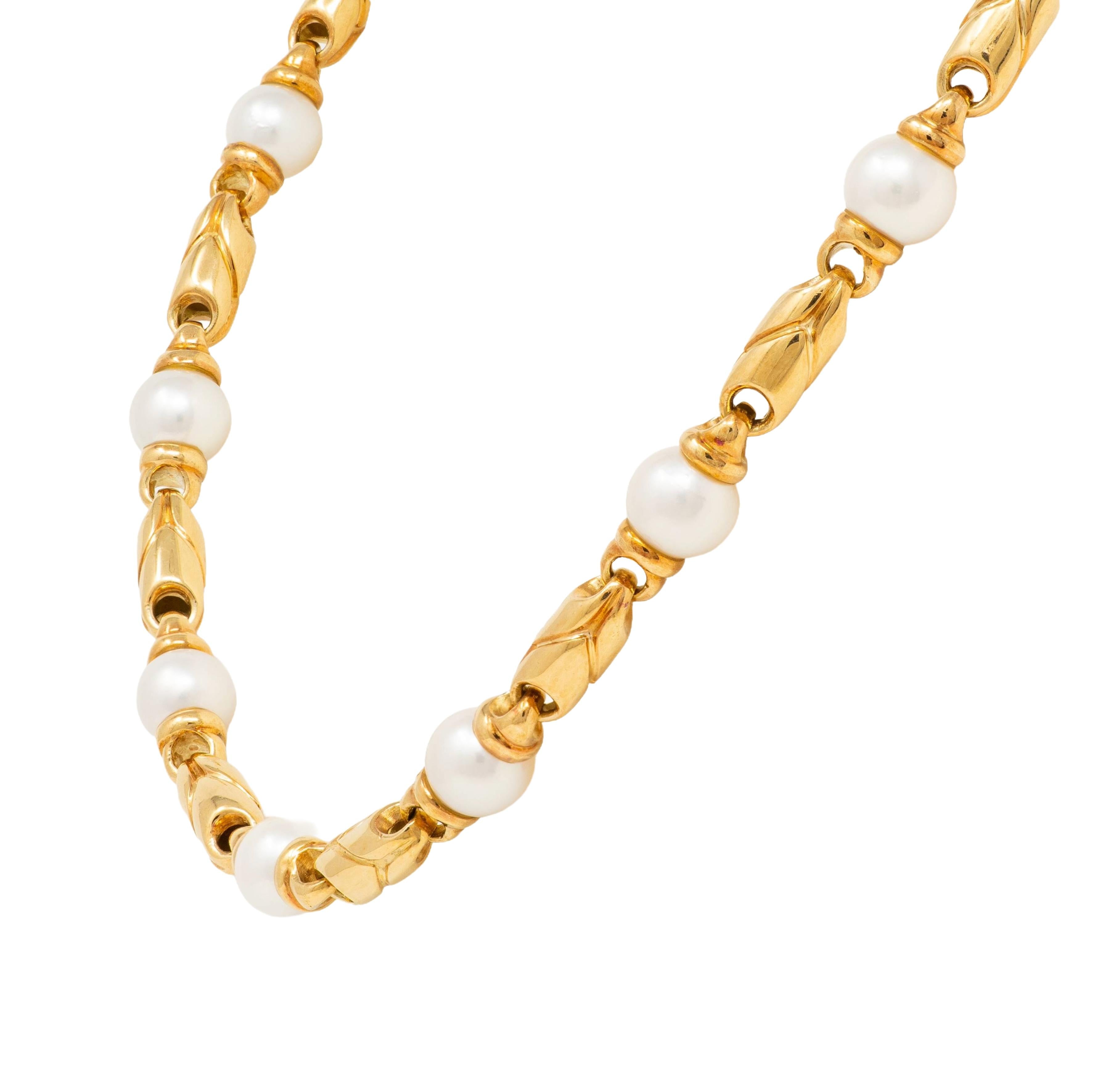 Bulgari 1980's Cultured Pearl 18K Gold Vintage Passo Doppio Link Necklace