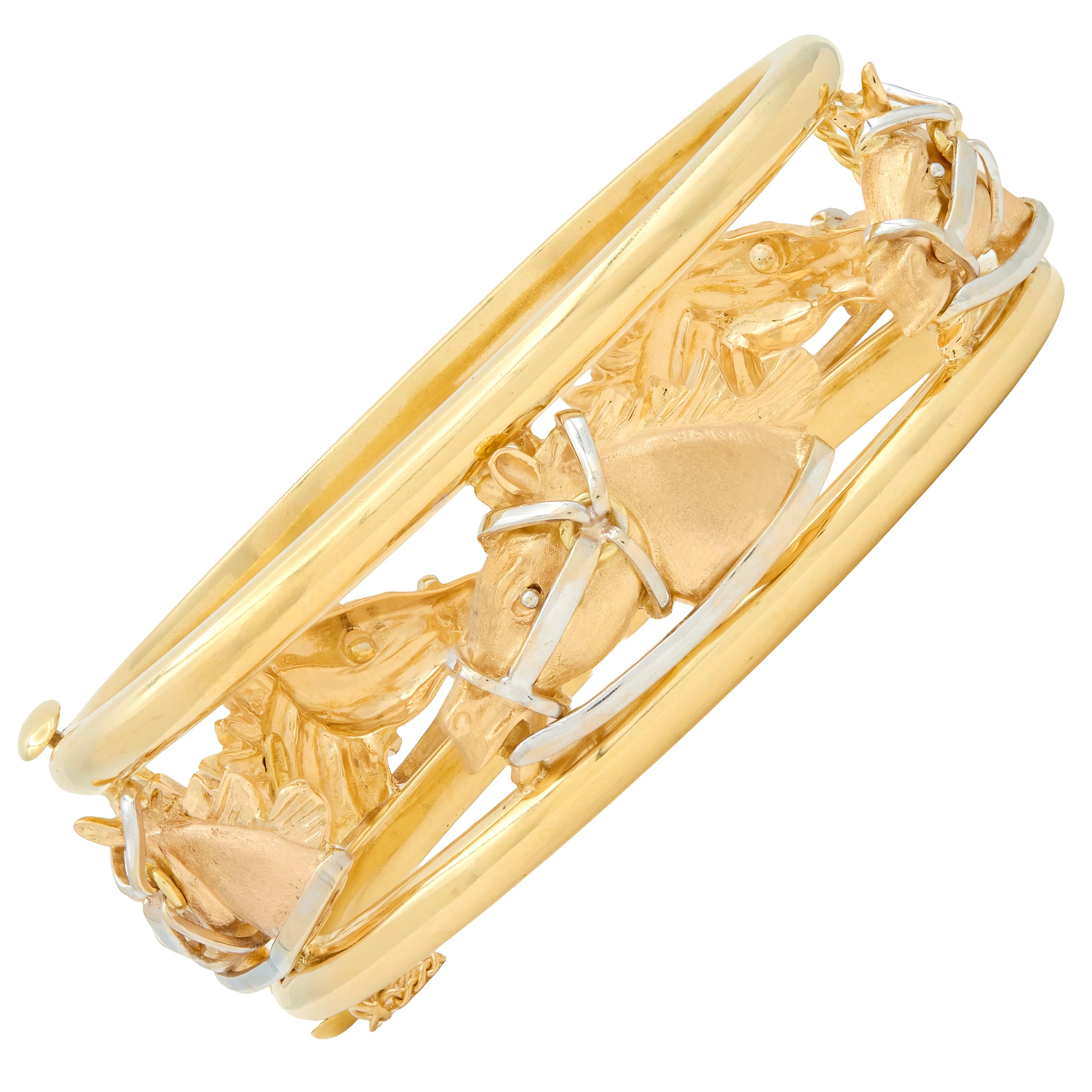 1970's 18 Karat Yellow Tri-Gold Vintage Horse Head Bangle Bracelet