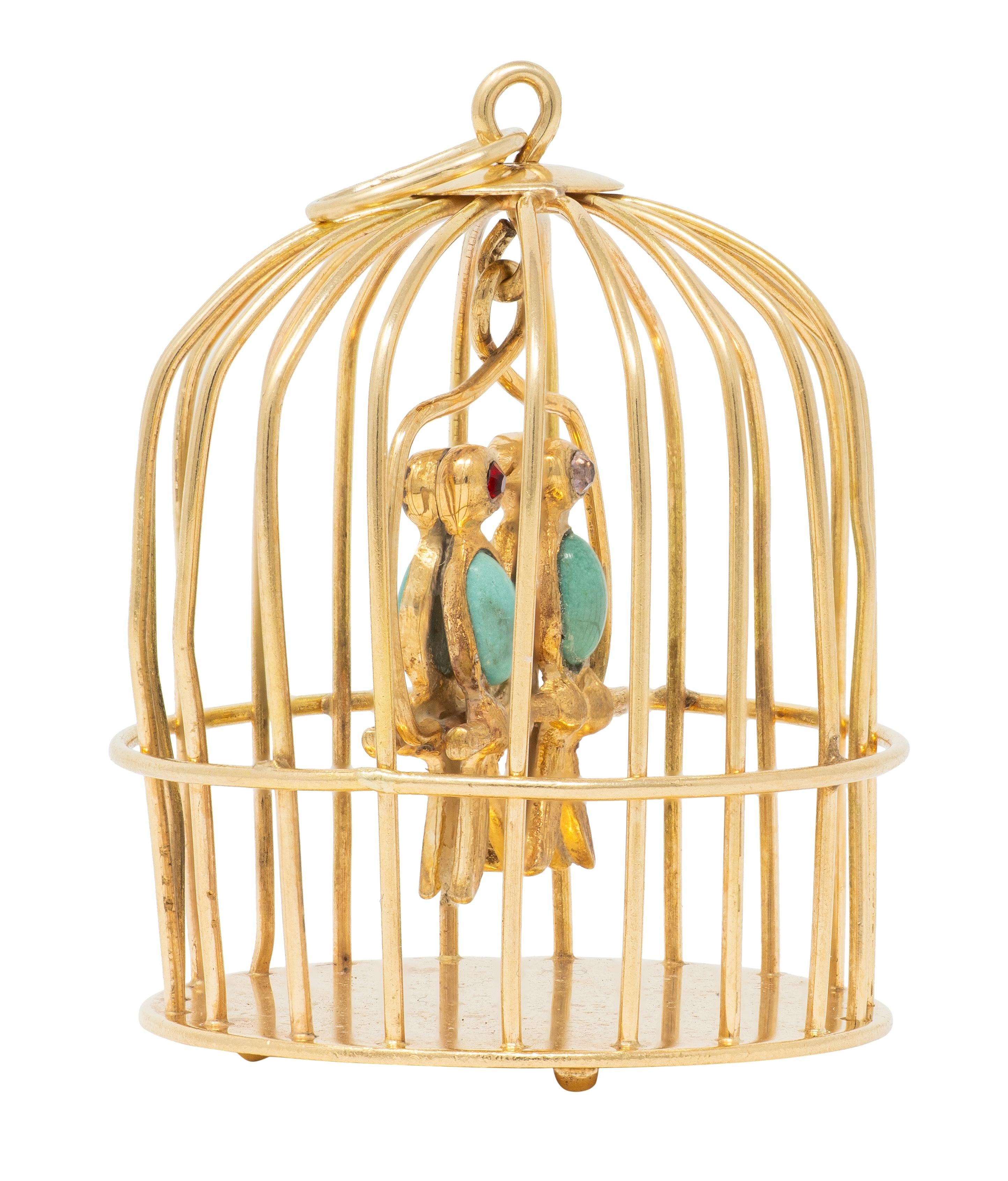 1960's Turquoise Multi-Gem 14 Karat Yellow Gold Vintage Caged Lovebirds Pendant