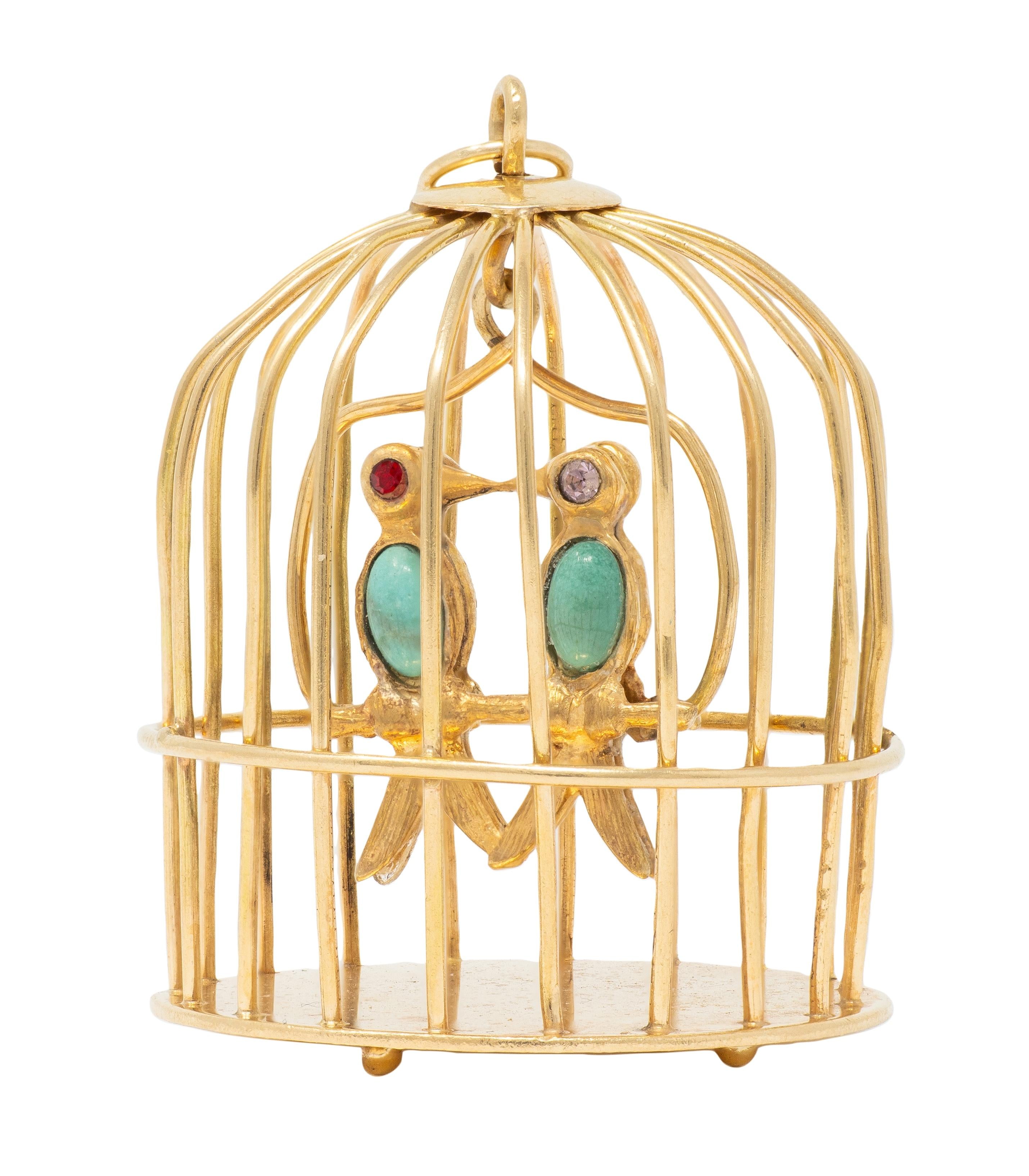 1960's Turquoise Multi-Gem 14 Karat Yellow Gold Vintage Caged Lovebirds Pendant