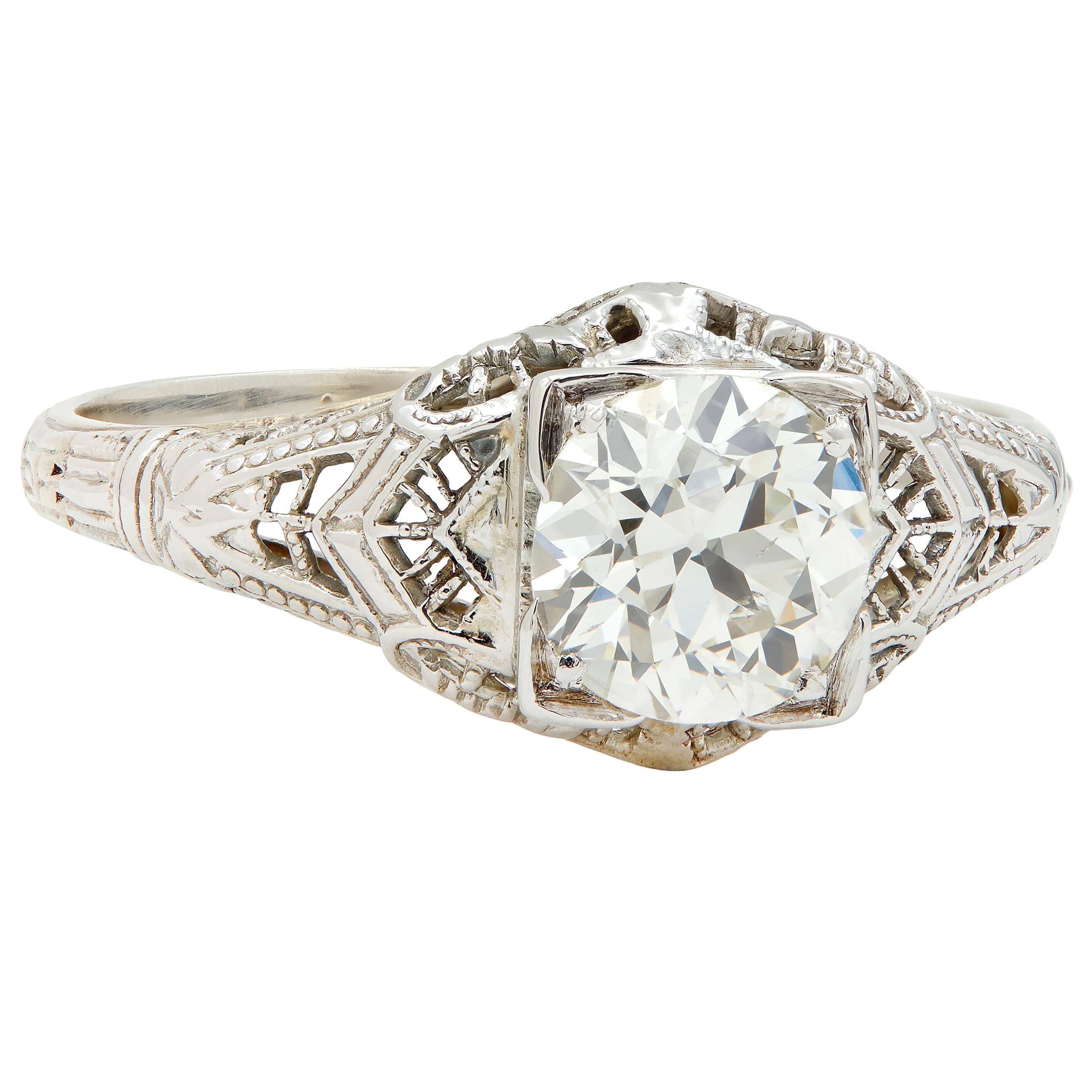 Art Deco 1.01 CTW European Diamond 18 Karat White Gold Antique Engagement Ring