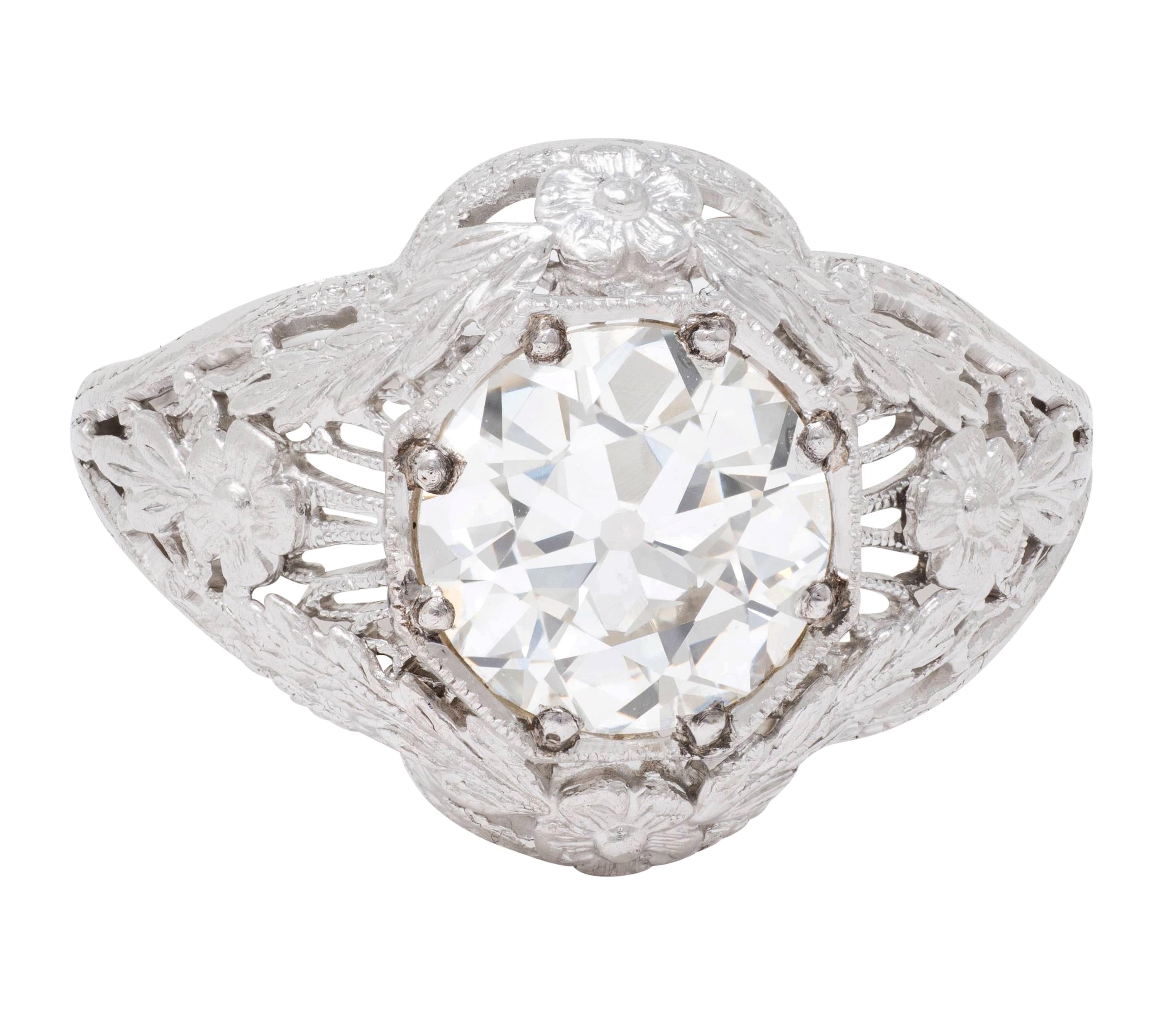 Art Deco Old European Cut Diamond 18K White Gold Floral Vintage Engagement Ring