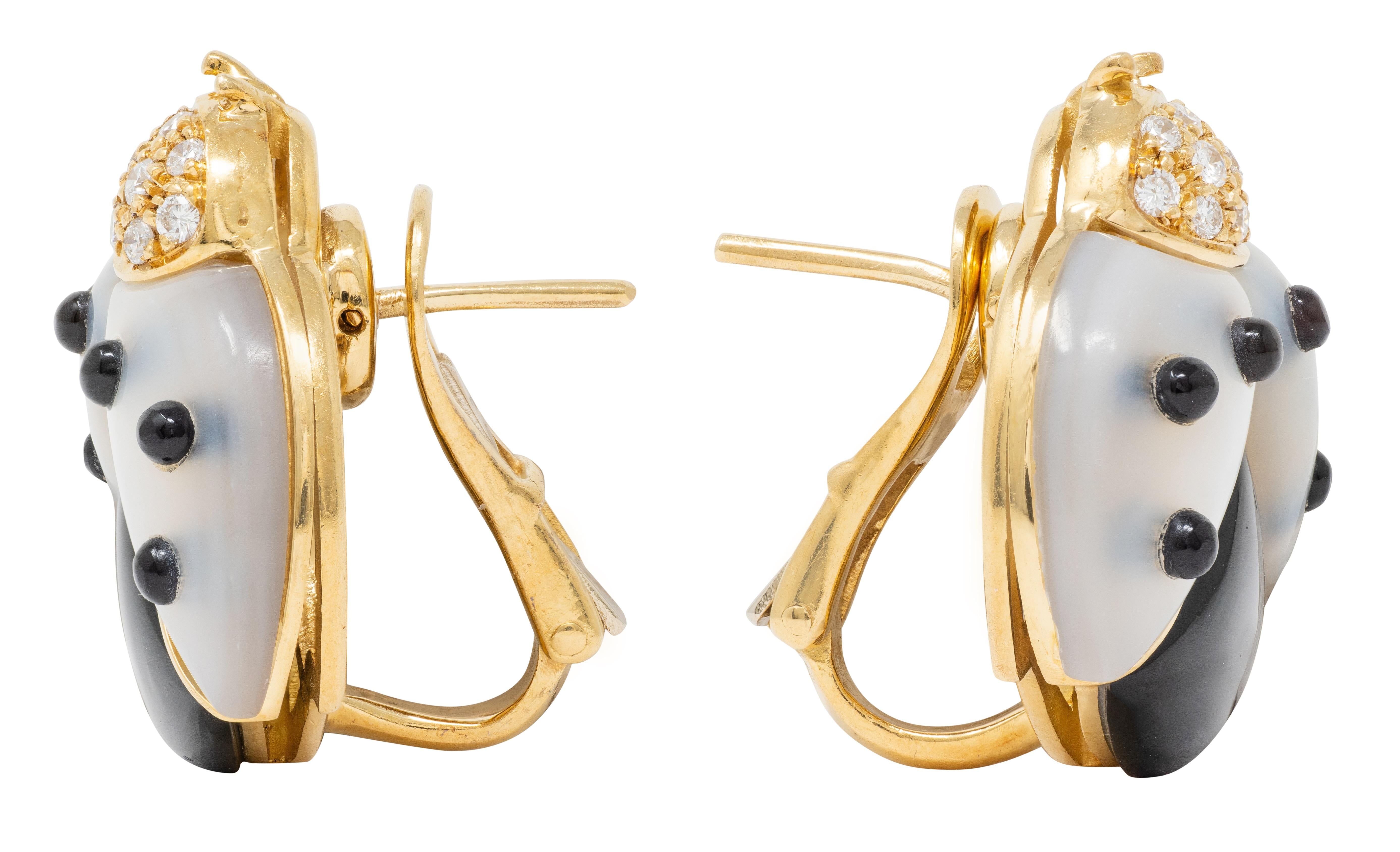 Grisogono 1990s Diamond Onyx Mother-Of-Pearl 18K Gold Vintage Lady Bug Earrings