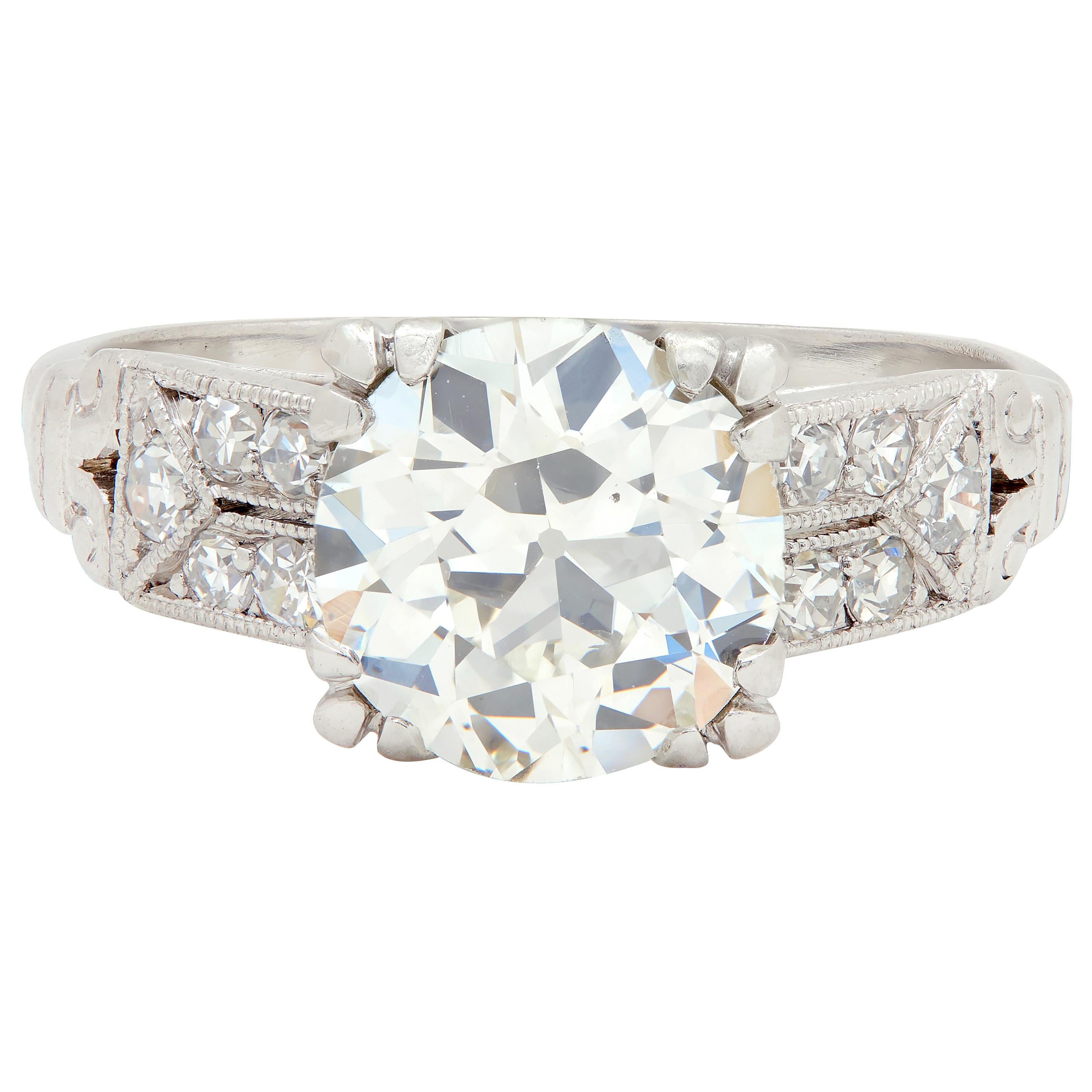 Art Deco 1.84 CTW Diamond Platinum Vintage Scrolling Column Engagement Ring GIA