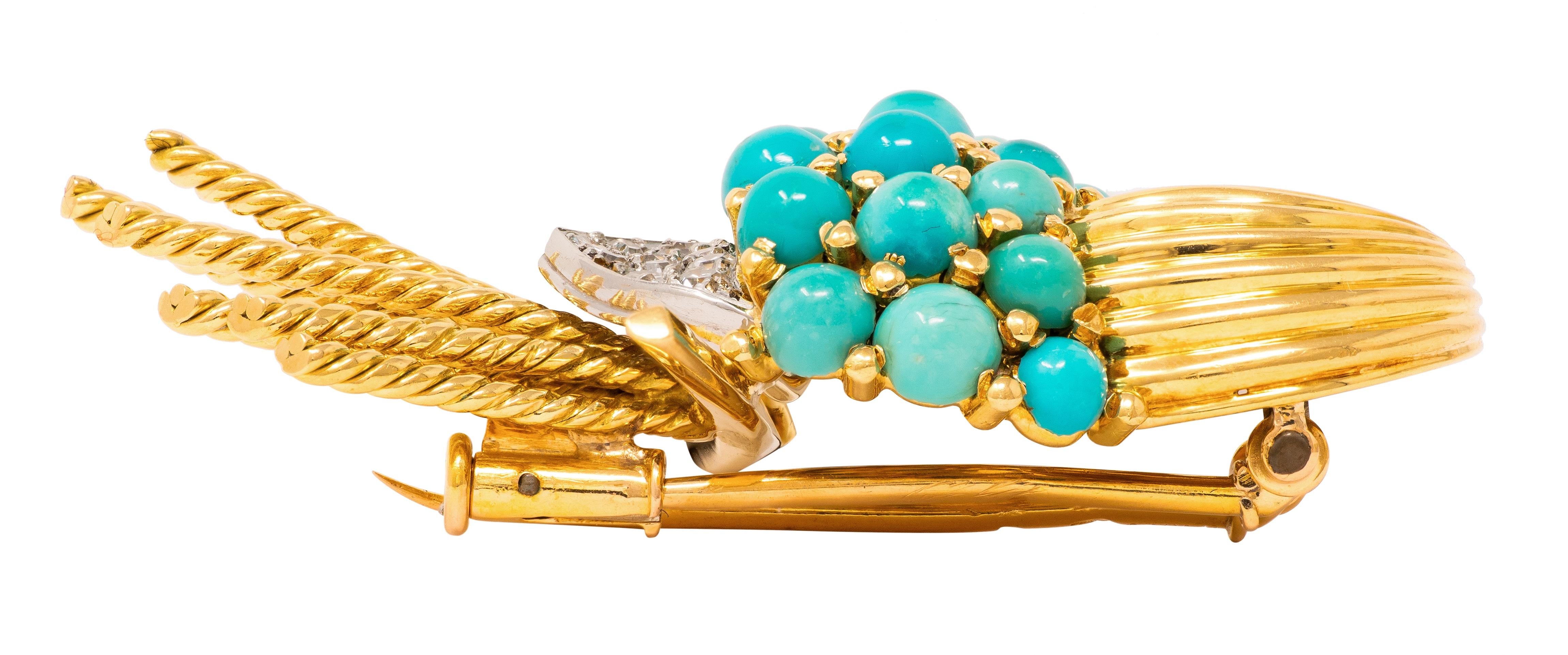 Boucheron Paris 1960s Turquoise Diamond 18K Gold Platinum Vintage Bird Brooch