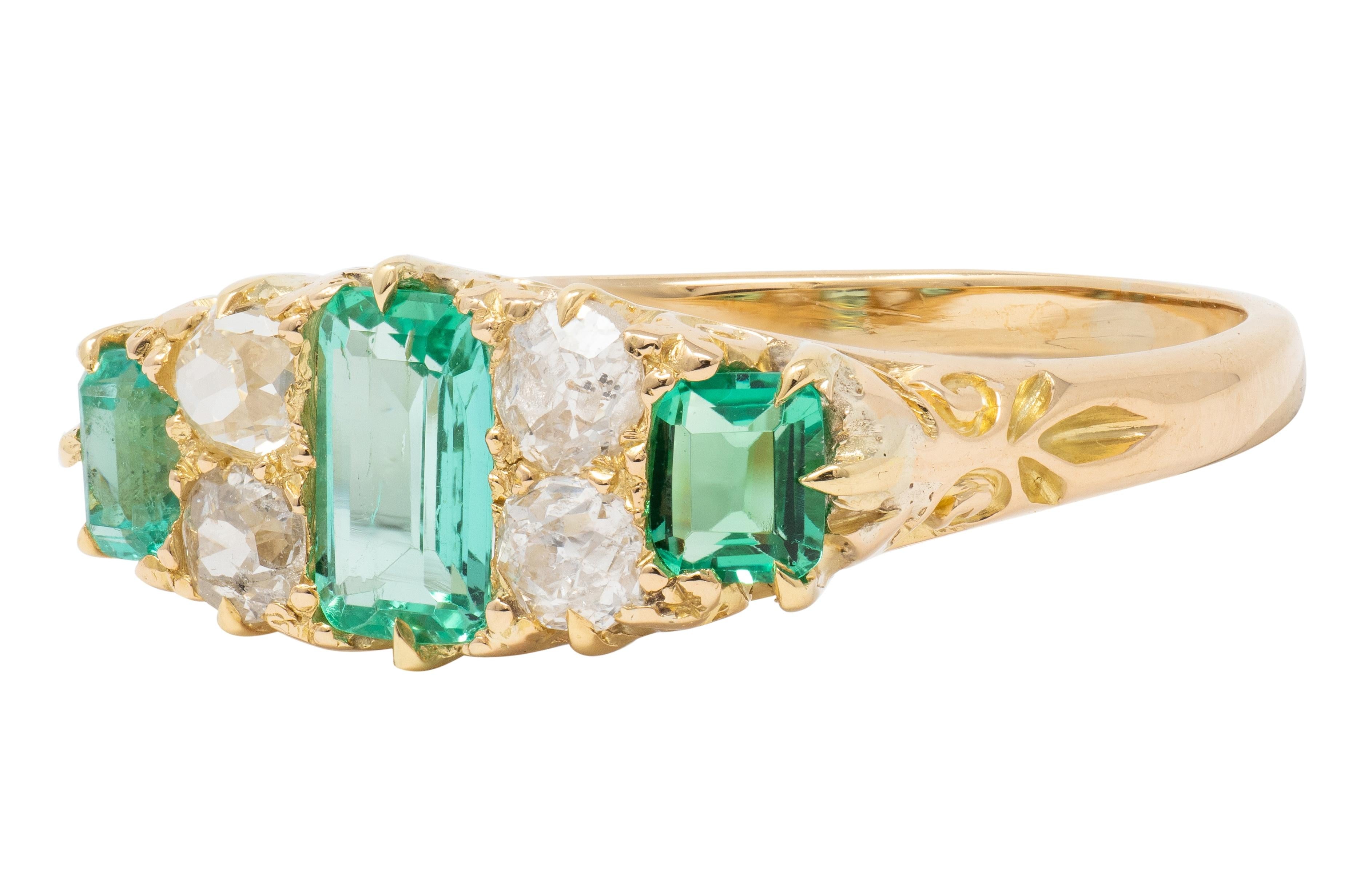 Victorian 1.16 CTW Emerald Diamond 18 Karat Yellow Gold Antique Scroll Band Ring