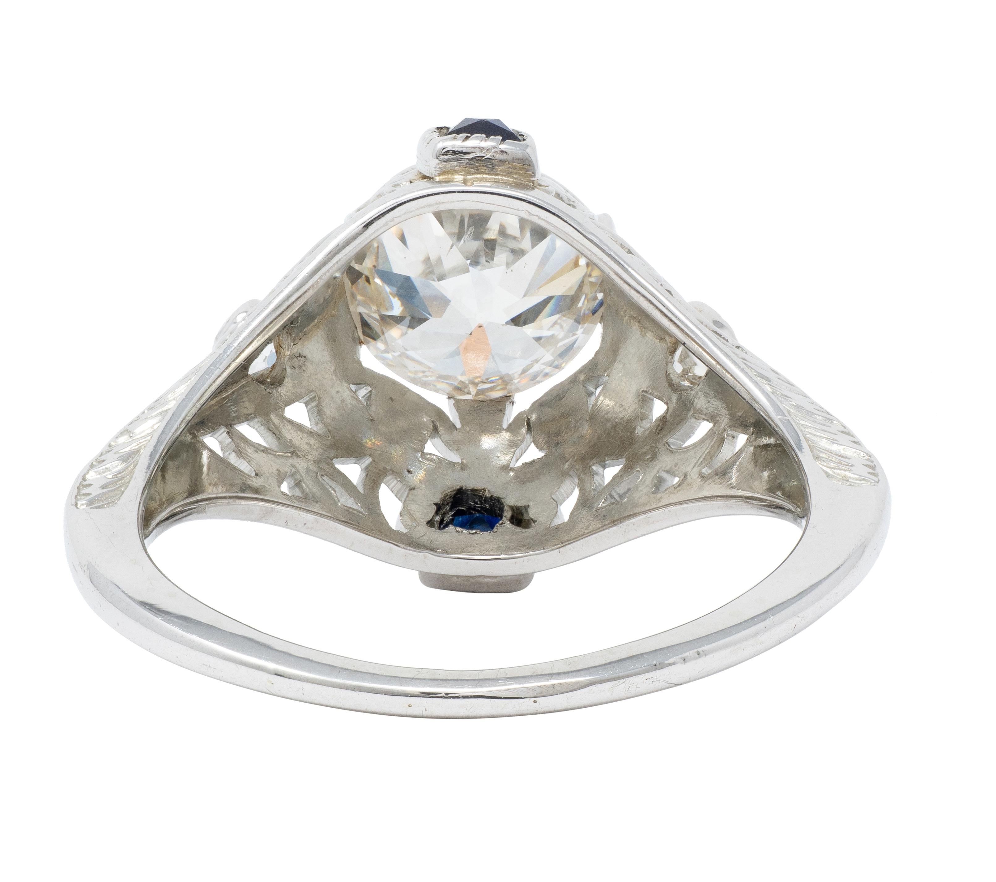 Art Deco Old European Diamond Sapphire 18K White Gold Vintage Engagement Ring