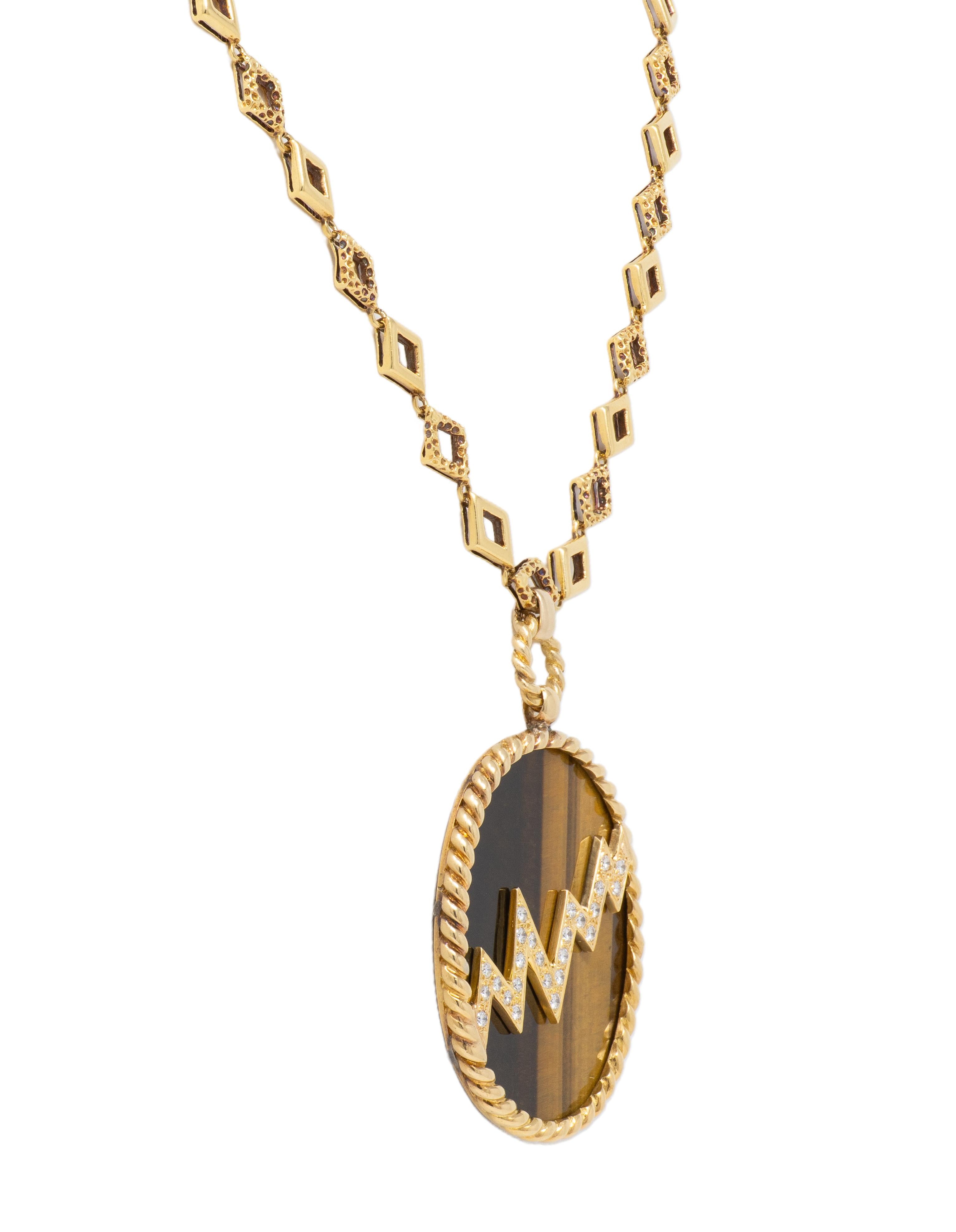 Van Cleef & Arpels French Diamond Tiger's Eye 18K Gold Vintage Pendant Necklace