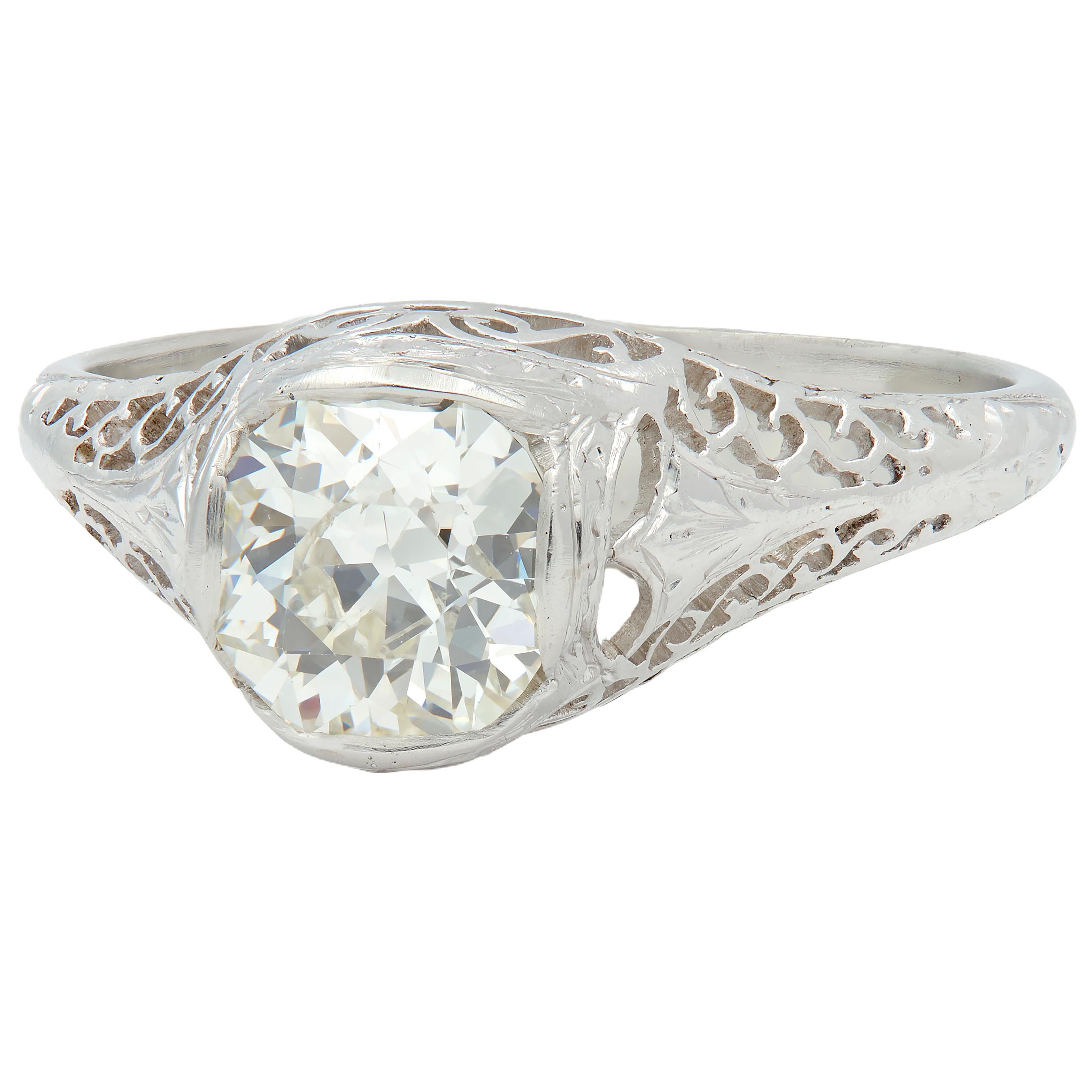 Art Deco Old Mine Cut Diamond Platinum Arching Scroll Antique Engagement Ring