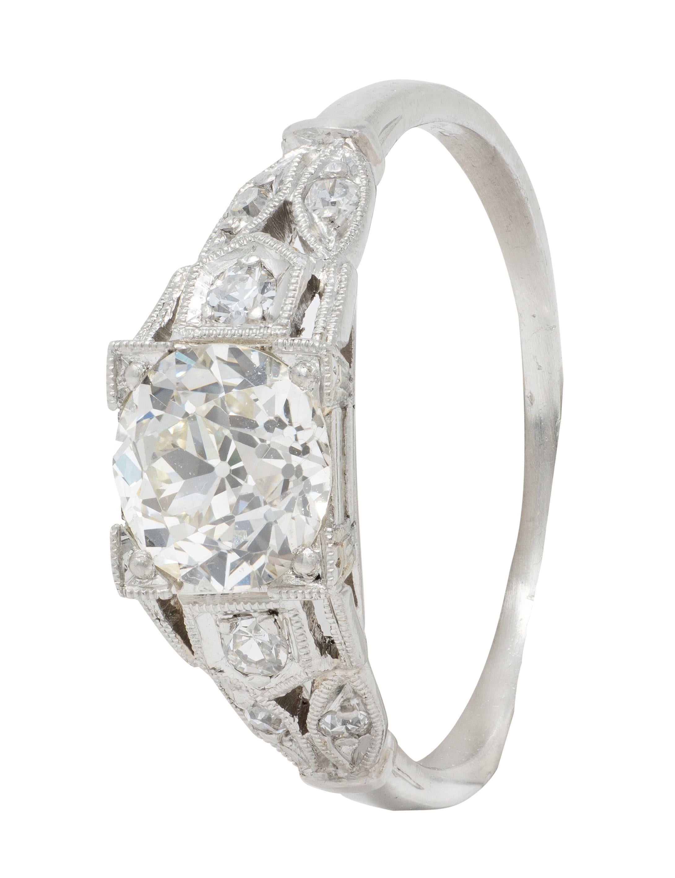 Art Deco 0.92 CTW Old European Diamond Platinum Vintage Lotus Engagement Ring