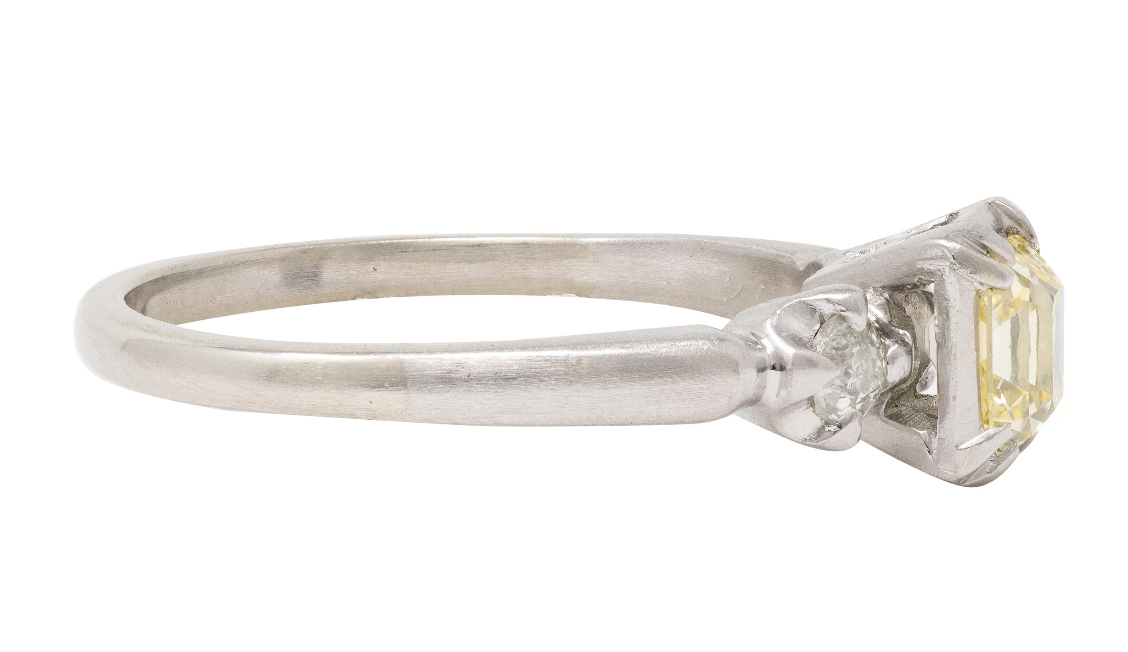 1950's 0.95 CTW Fancy Yellow Asscher Diamond Platinum Vintage Engagement Ring