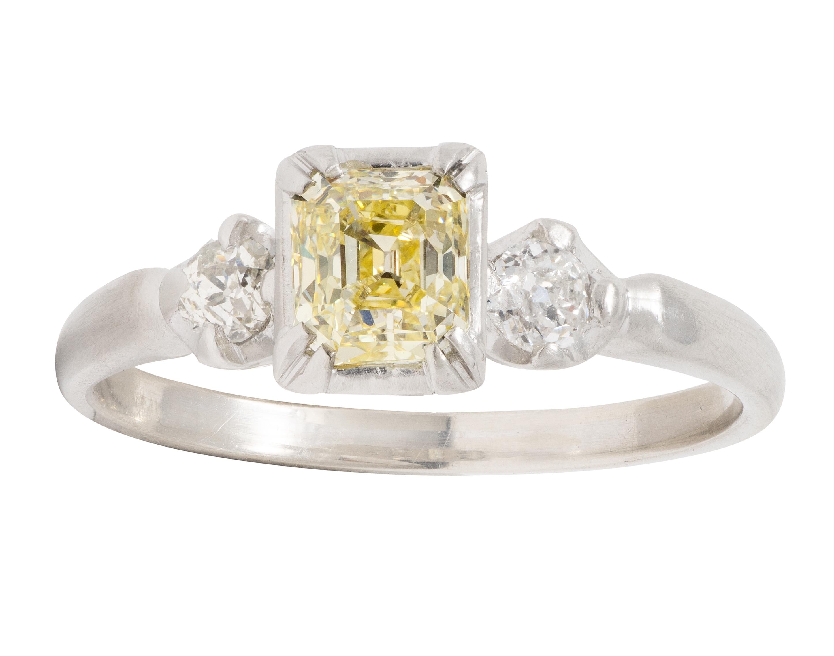 1950's 0.95 CTW Fancy Yellow Asscher Diamond Platinum Vintage Engagement Ring