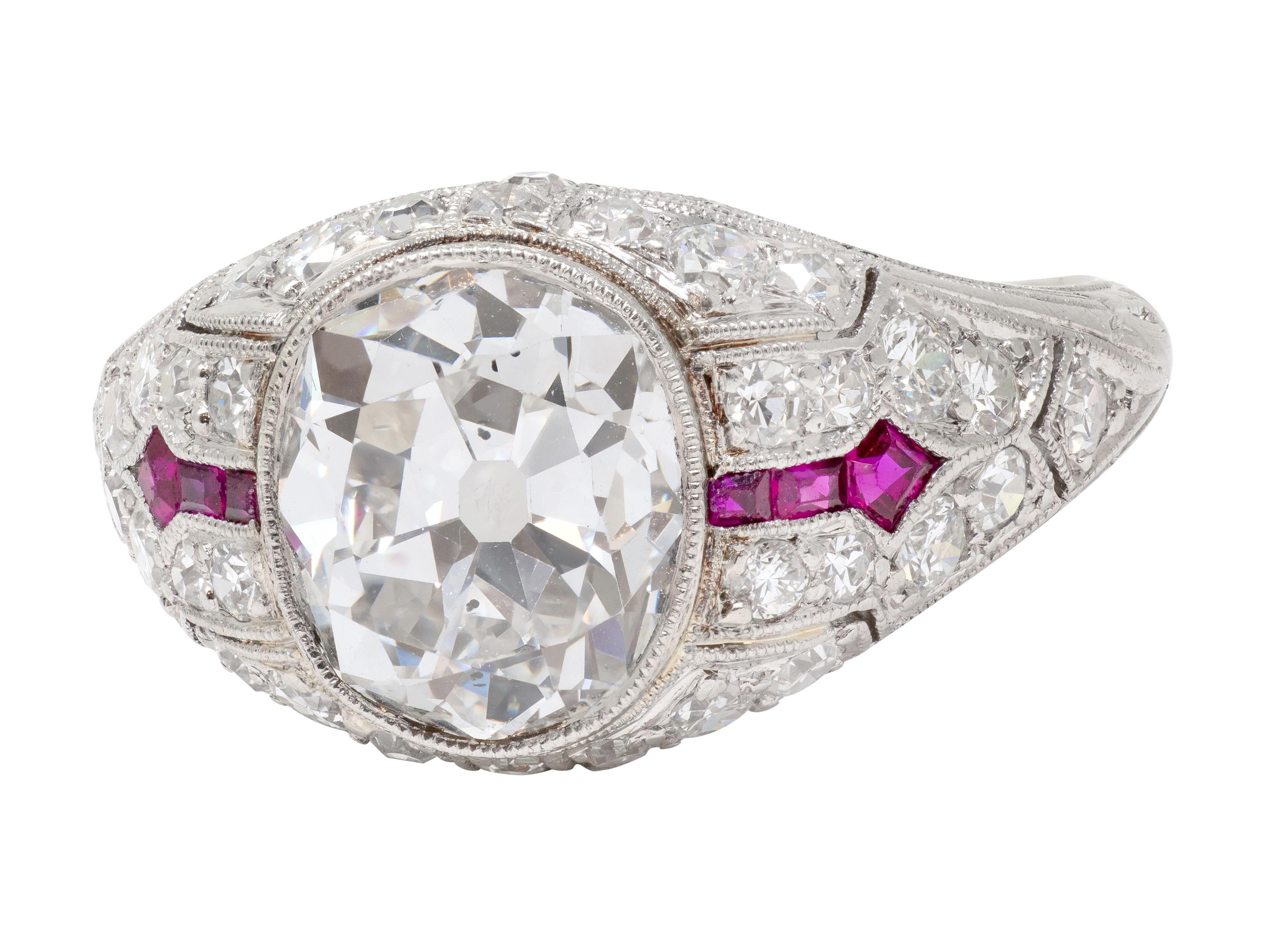 Art Deco 3.16 CTW Diamond Ruby Platinum Vintage Arrow Engagement Ring GIA