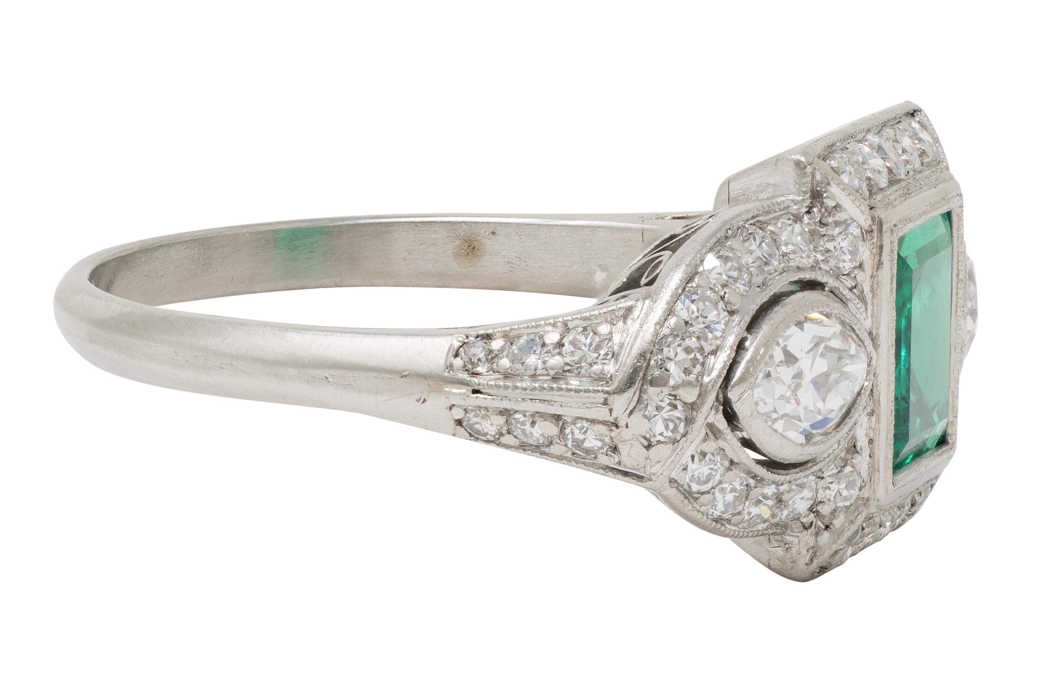 Art Deco 2.25 CTW Emerald Diamond Platinum Vintage Scrolling Halo Ring