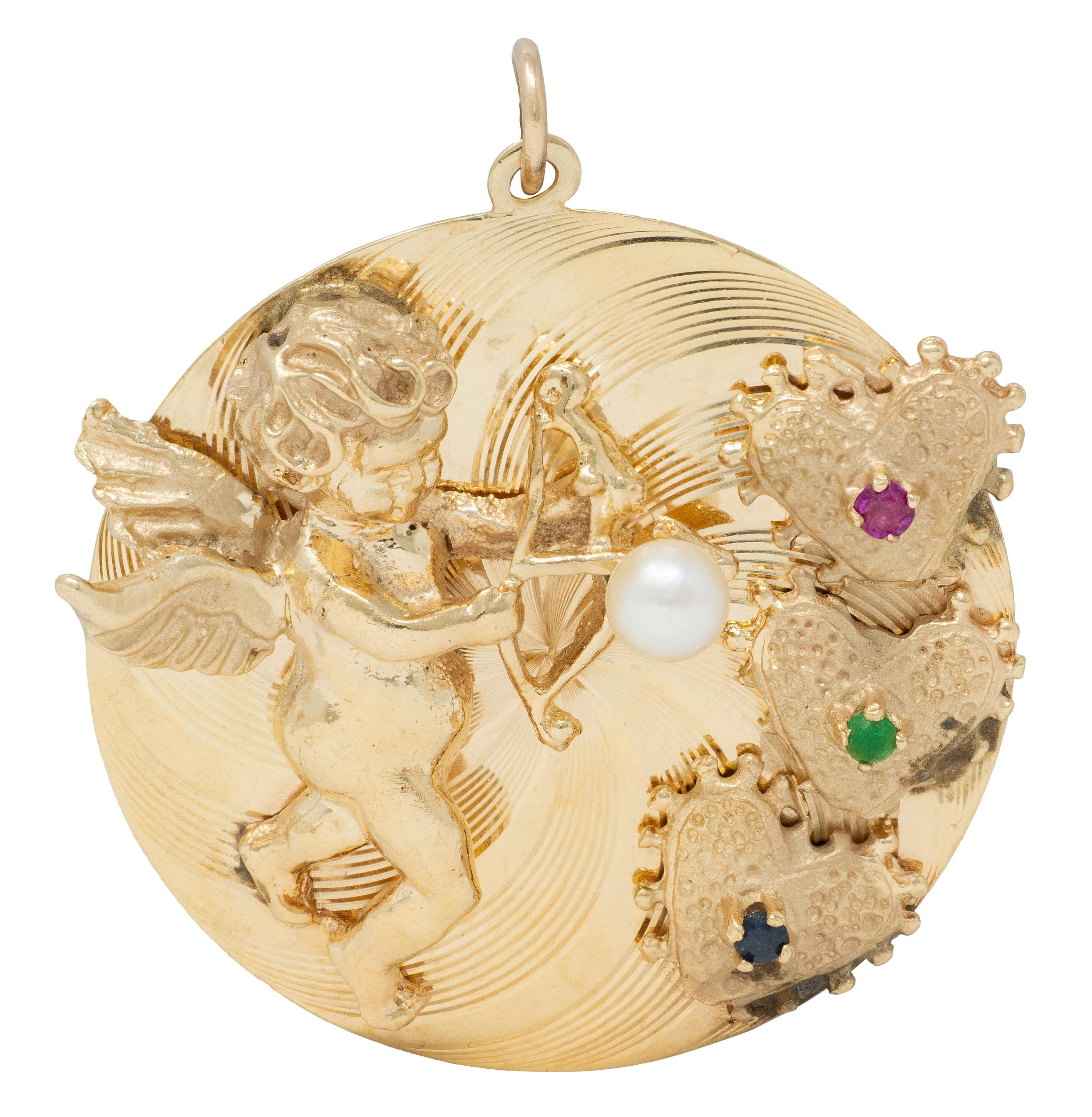 1950's Multi-Gem 14 Karat Yellow Gold Vintage Cupid Pendant Charm