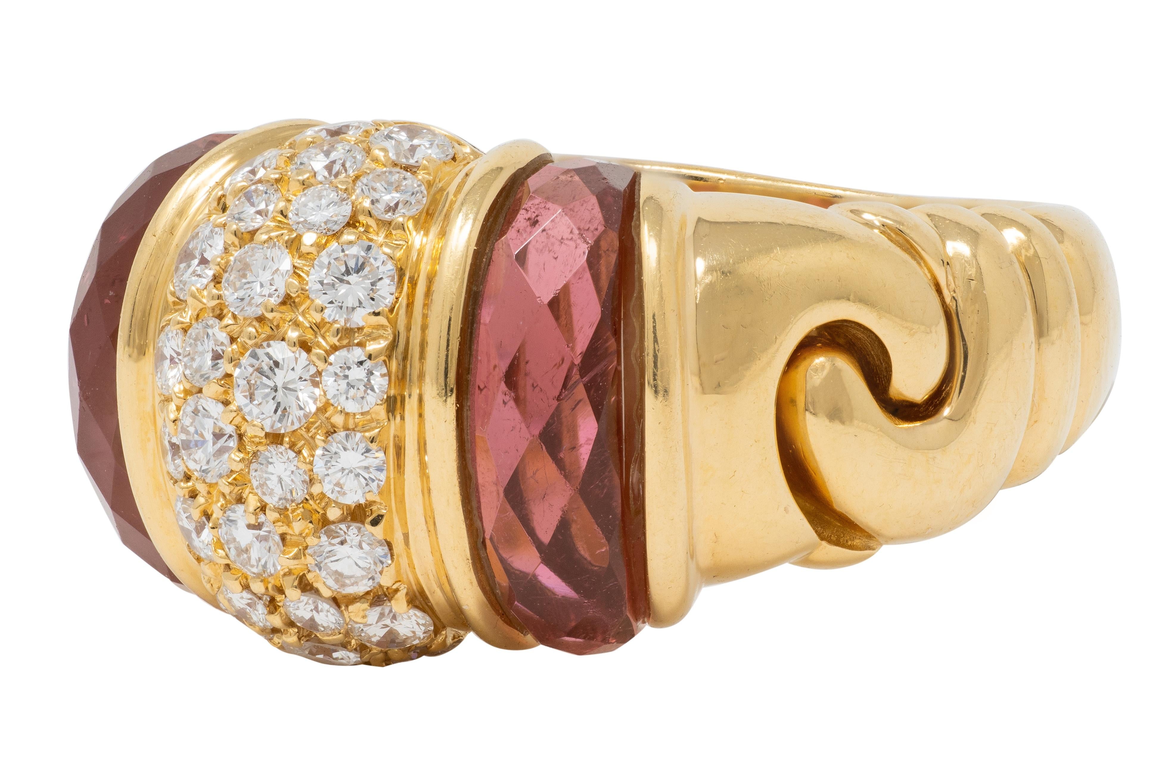 Bulgari 1990's Diamond Tourmaline 18 Karat Yellow Gold Vintage Passo Doppio Ring