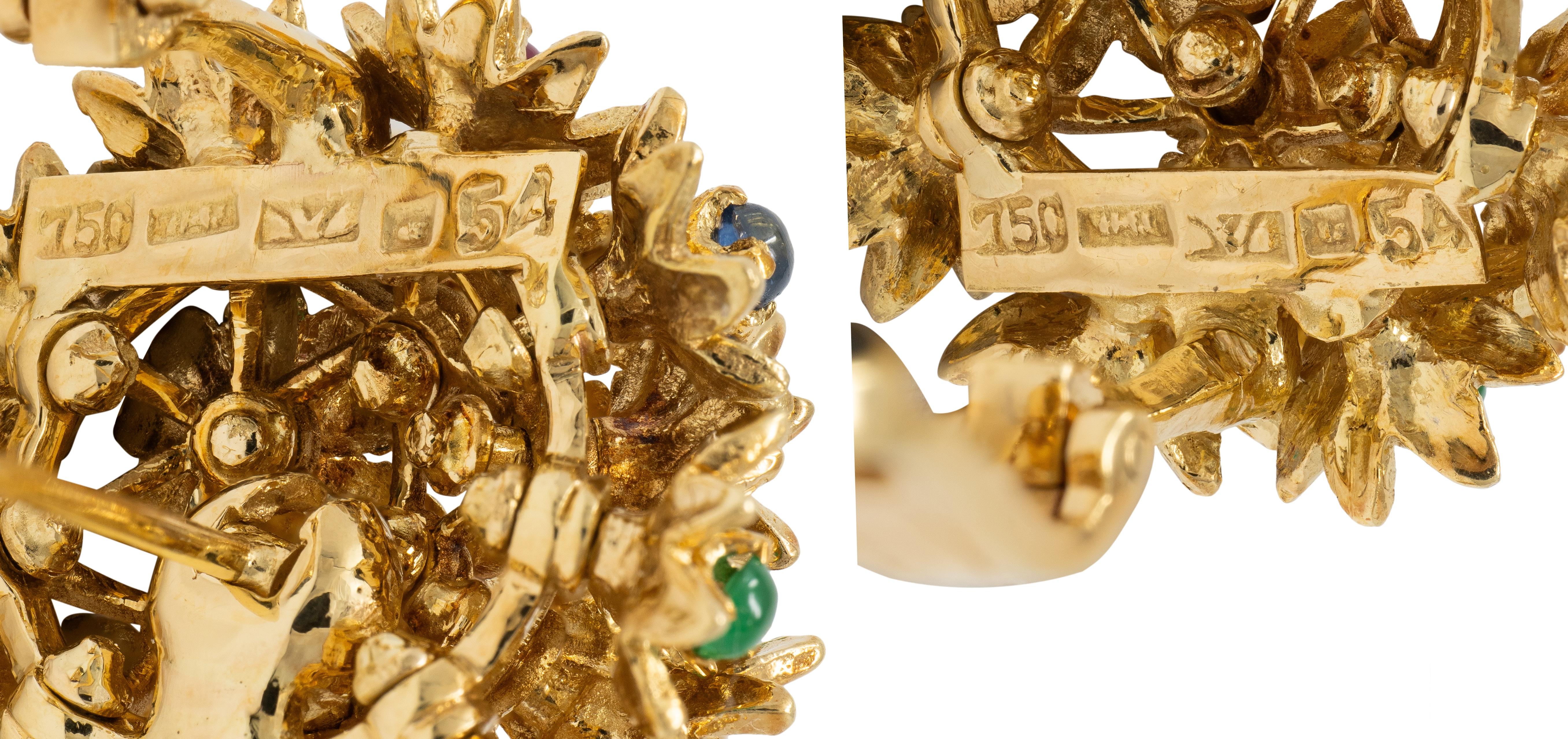 1960's Multi-Gem Diamond 18K Gold Vintage En Tremblant Flower Cluster Earrings