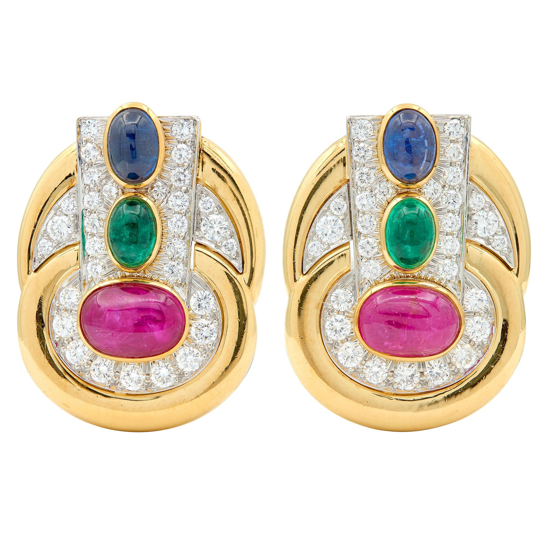 David Webb MultiGem Diamond Platinum 18K Gold Vintage Cabochon Ear-Clip Earrings