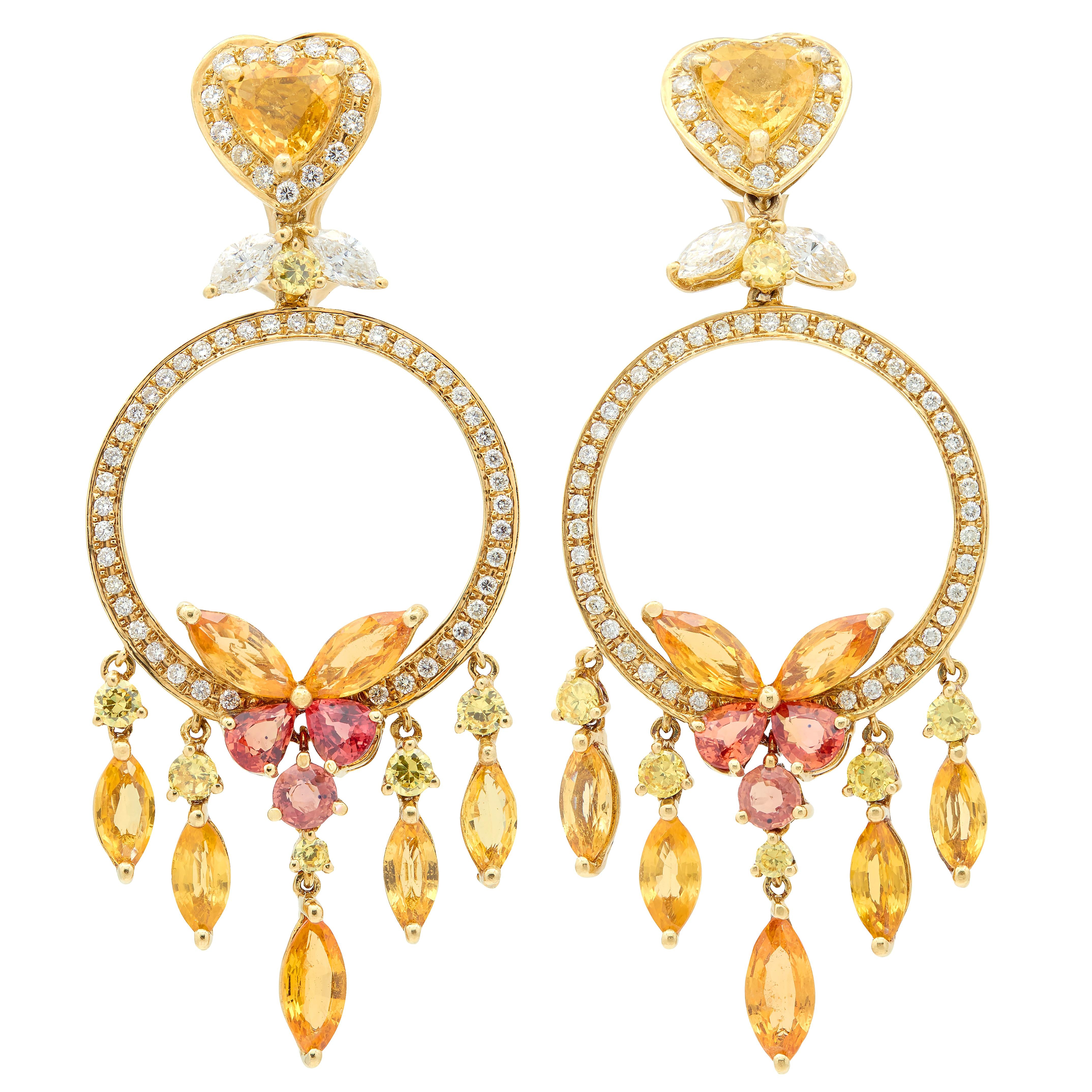 Contemporary Sapphire Diamond 18K Gold Butterfly Chandelier Drop Earrings