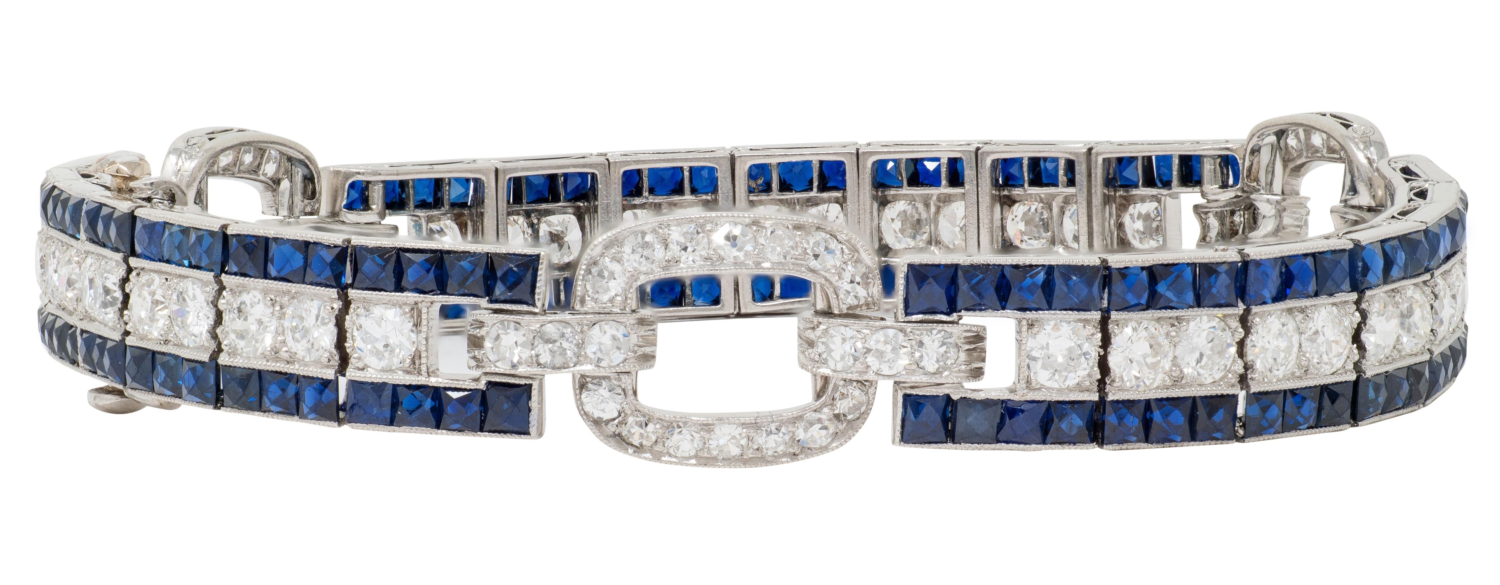 Art Deco 16.98 CTW Sapphire Diamond Platinum Vintage Buckle Line Bracelet