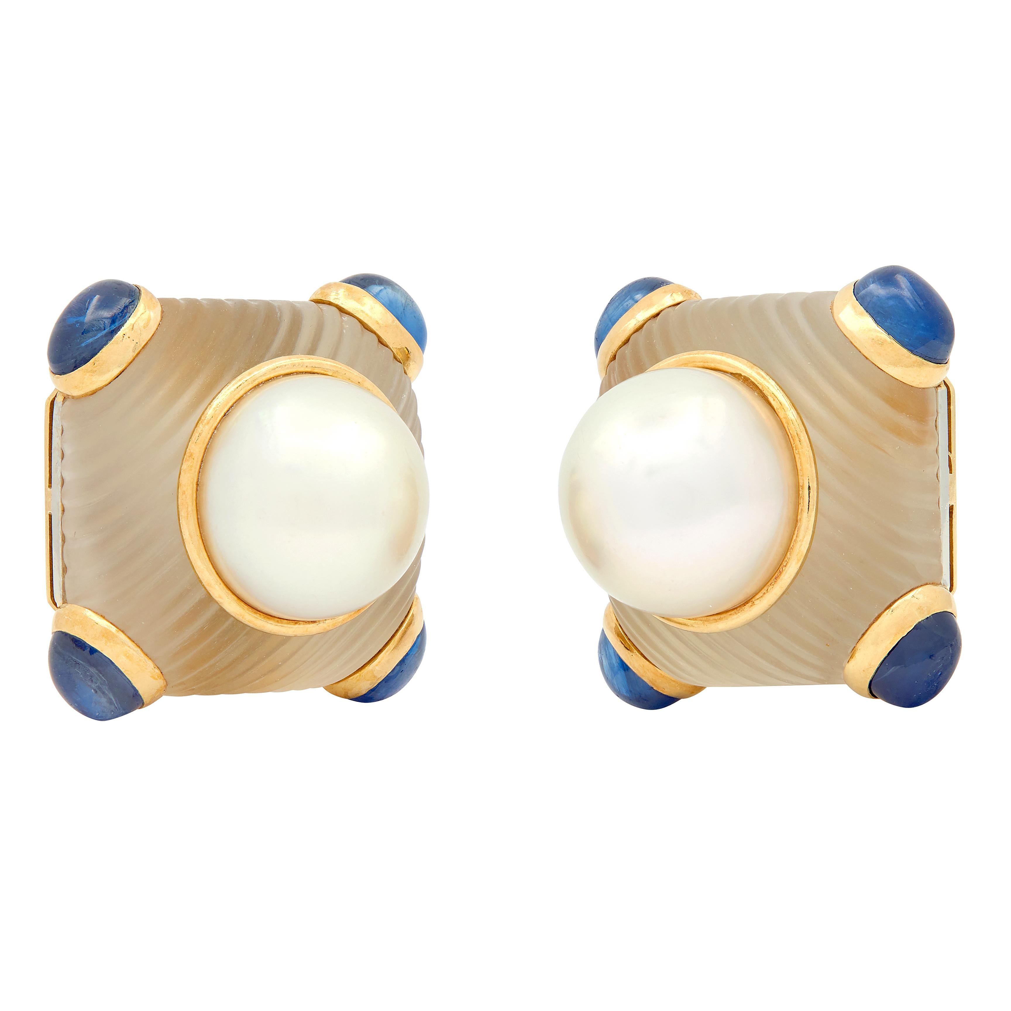 Bulgari 1980's Pearl Sapphire Quartz 18K Gold Vintage Ear-Clip Earrings