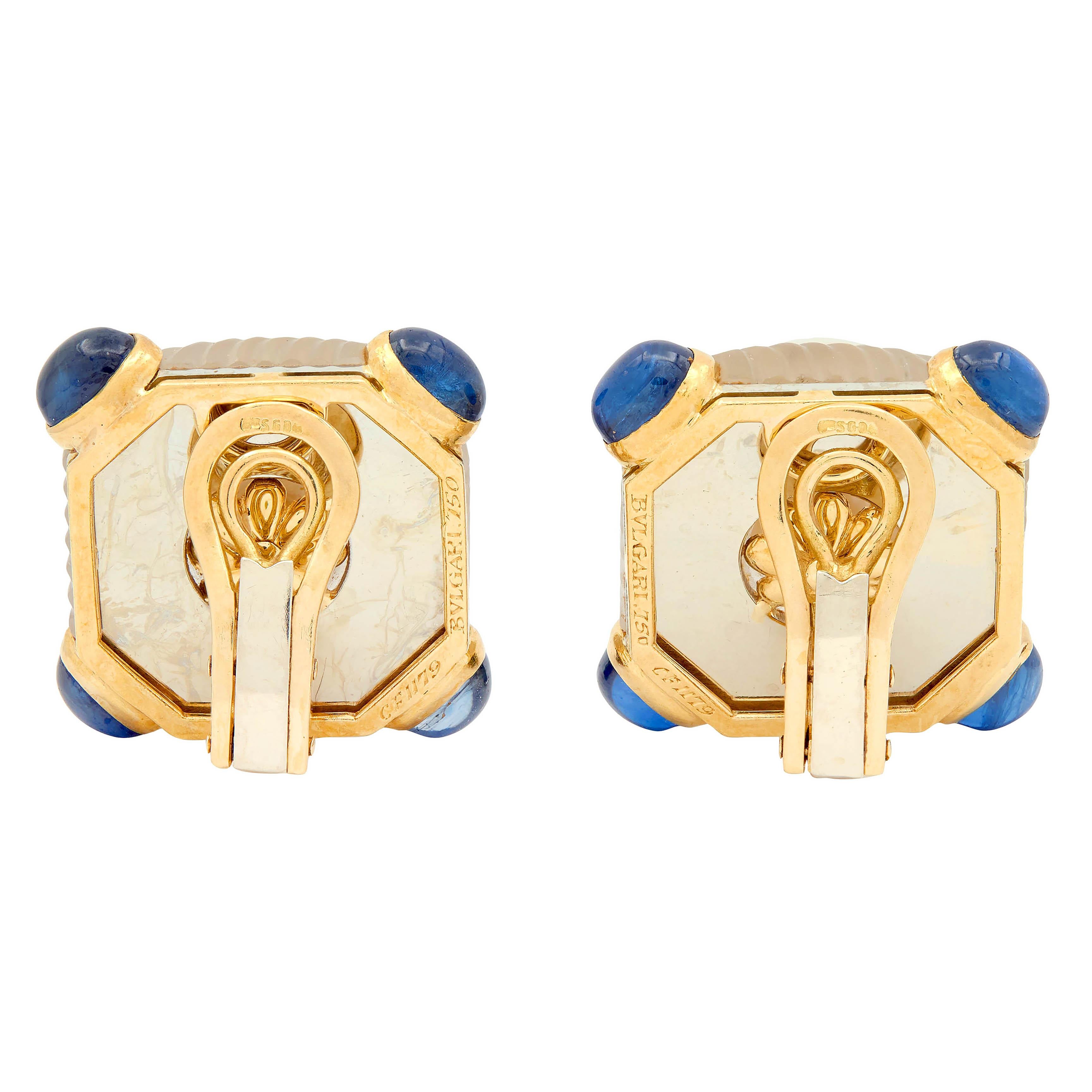 Bulgari 1980's Pearl Sapphire Quartz 18K Gold Vintage Ear-Clip Earrings