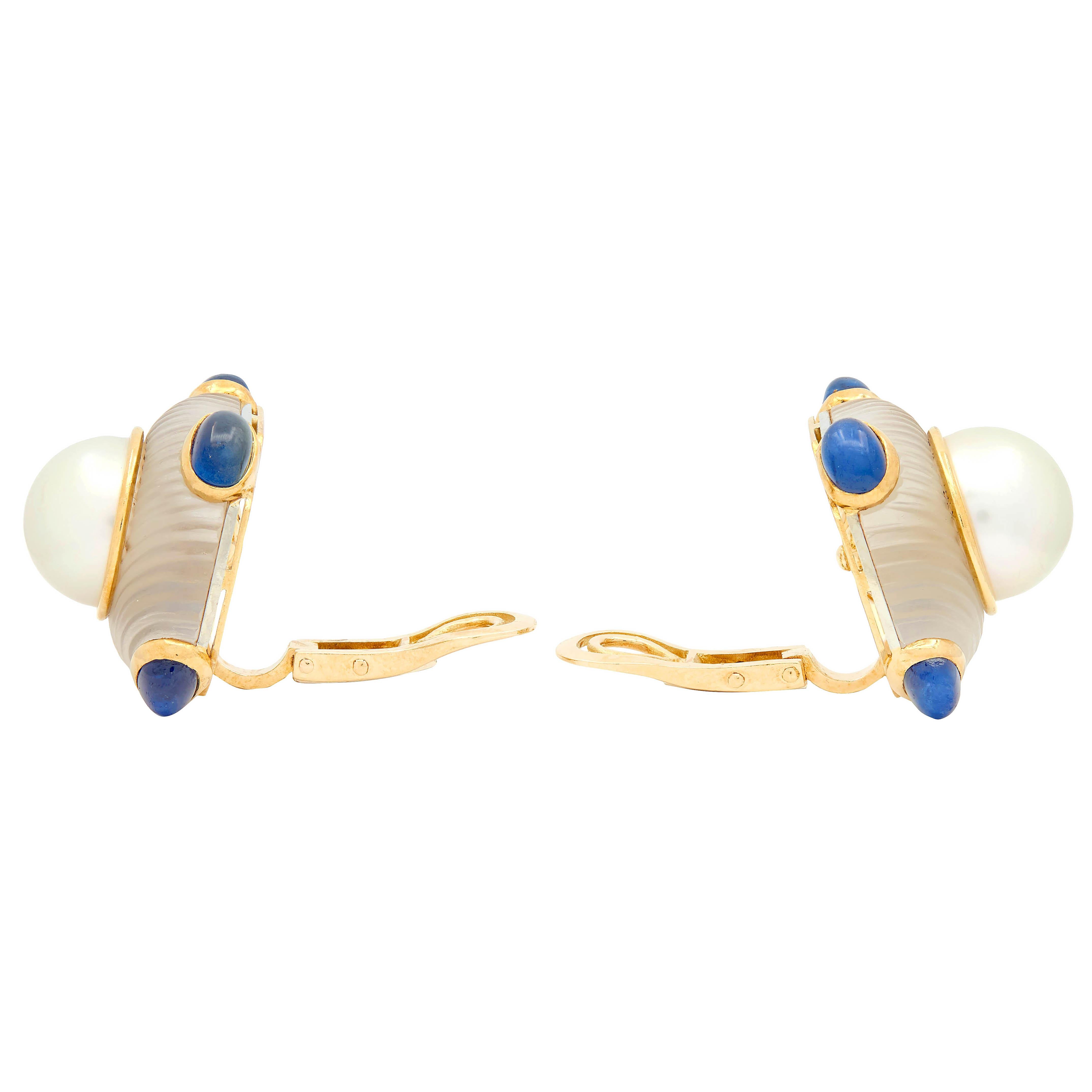 Bulgari 1980's Pearl Sapphire Quartz 18K Gold Vintage Ear-Clip Earrings