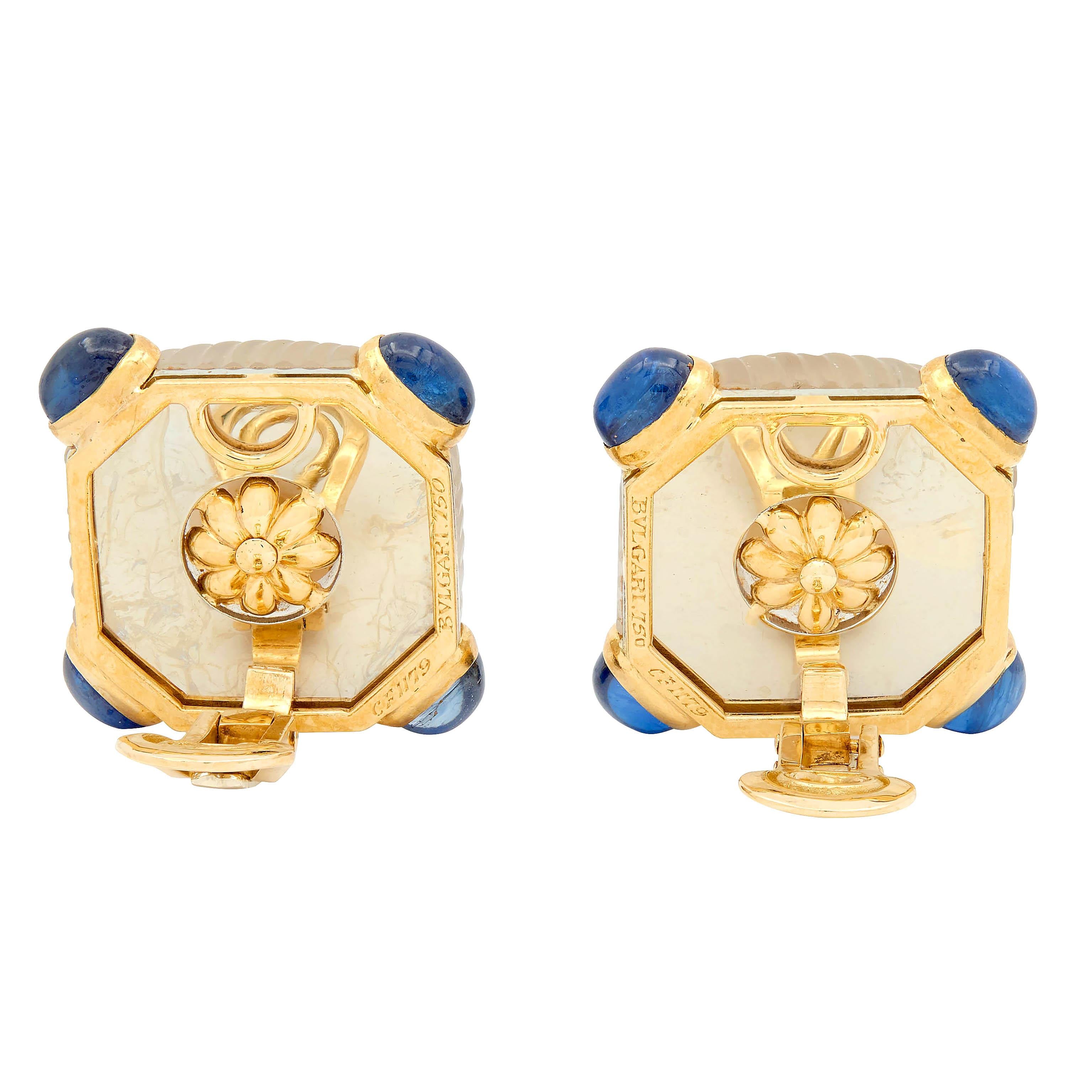 Bulgari 1980's Pearl Sapphire Quartz 18K Gold Vintage Ear-Clip Earrings