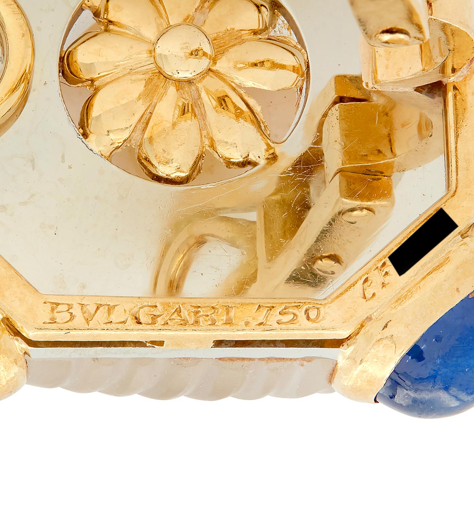 Bulgari 1980's Pearl Sapphire Quartz 18K Gold Vintage Ear-Clip Earrings